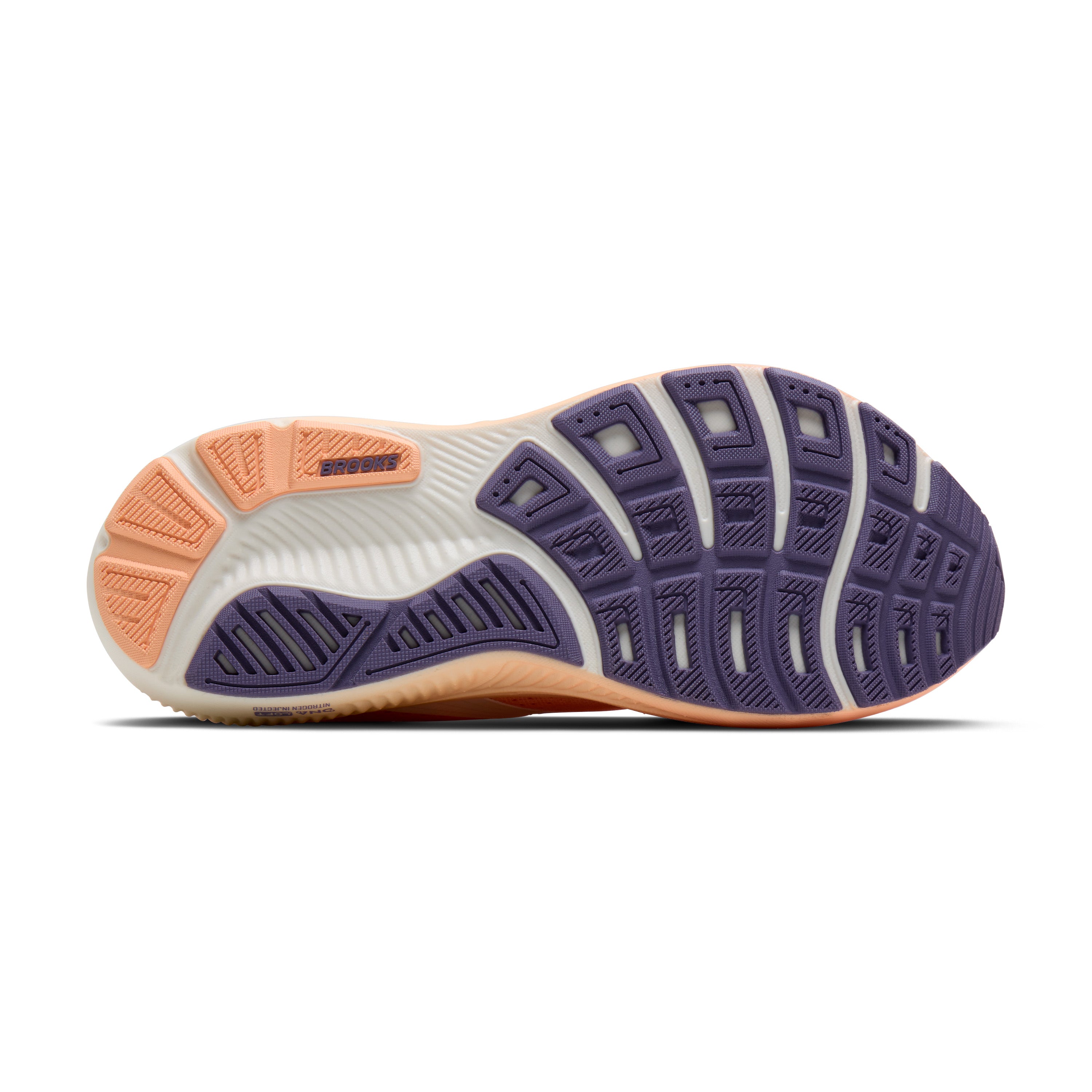 Close-up of a running shoe sole with purple and orange design on a white background