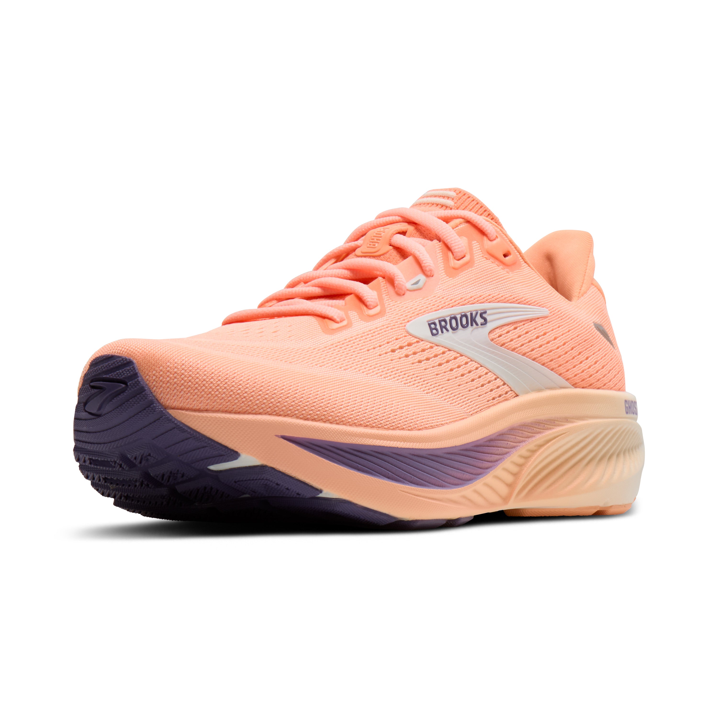 Coral running shoe with Brooks logo on a white background