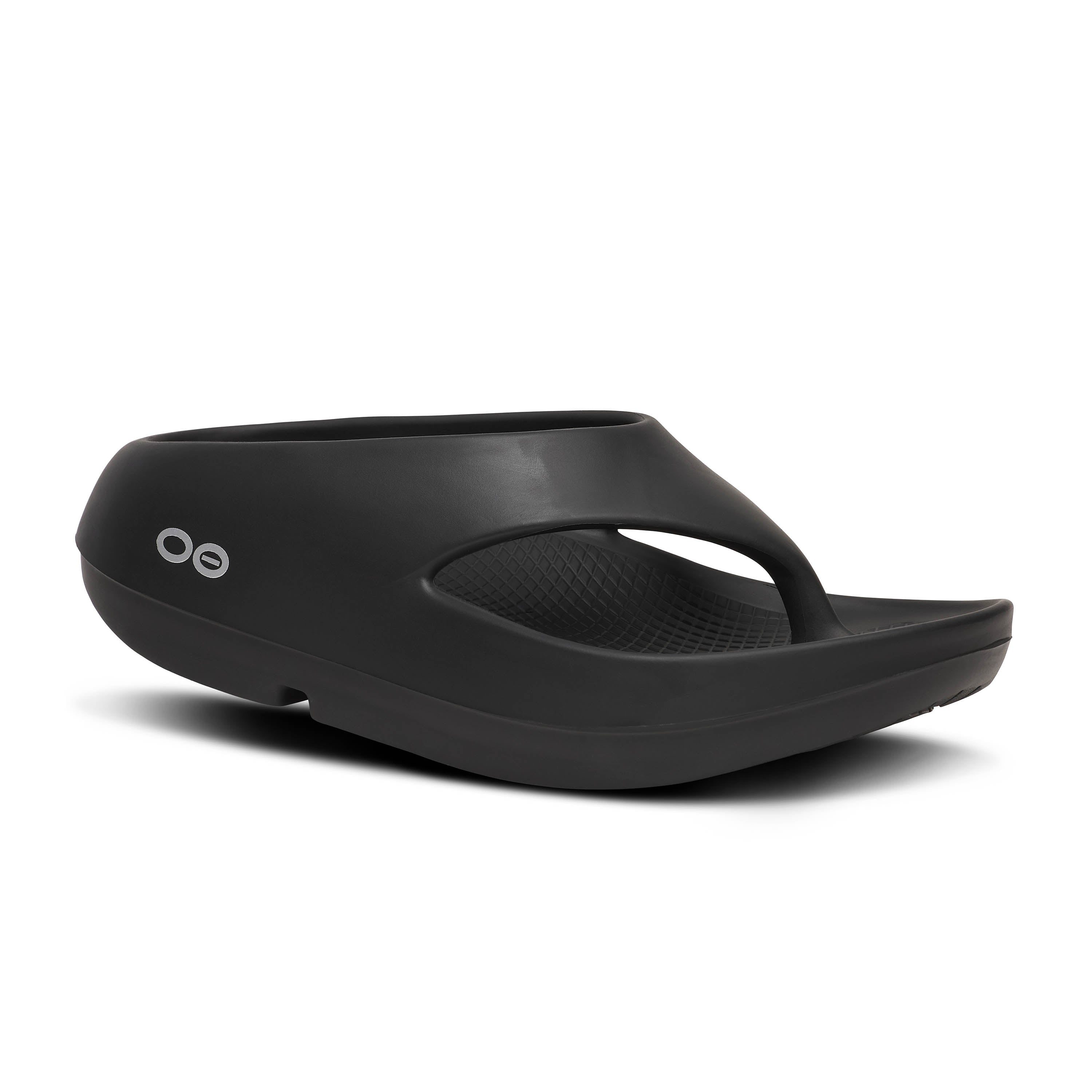 Black sandal with a brand logo on a white background