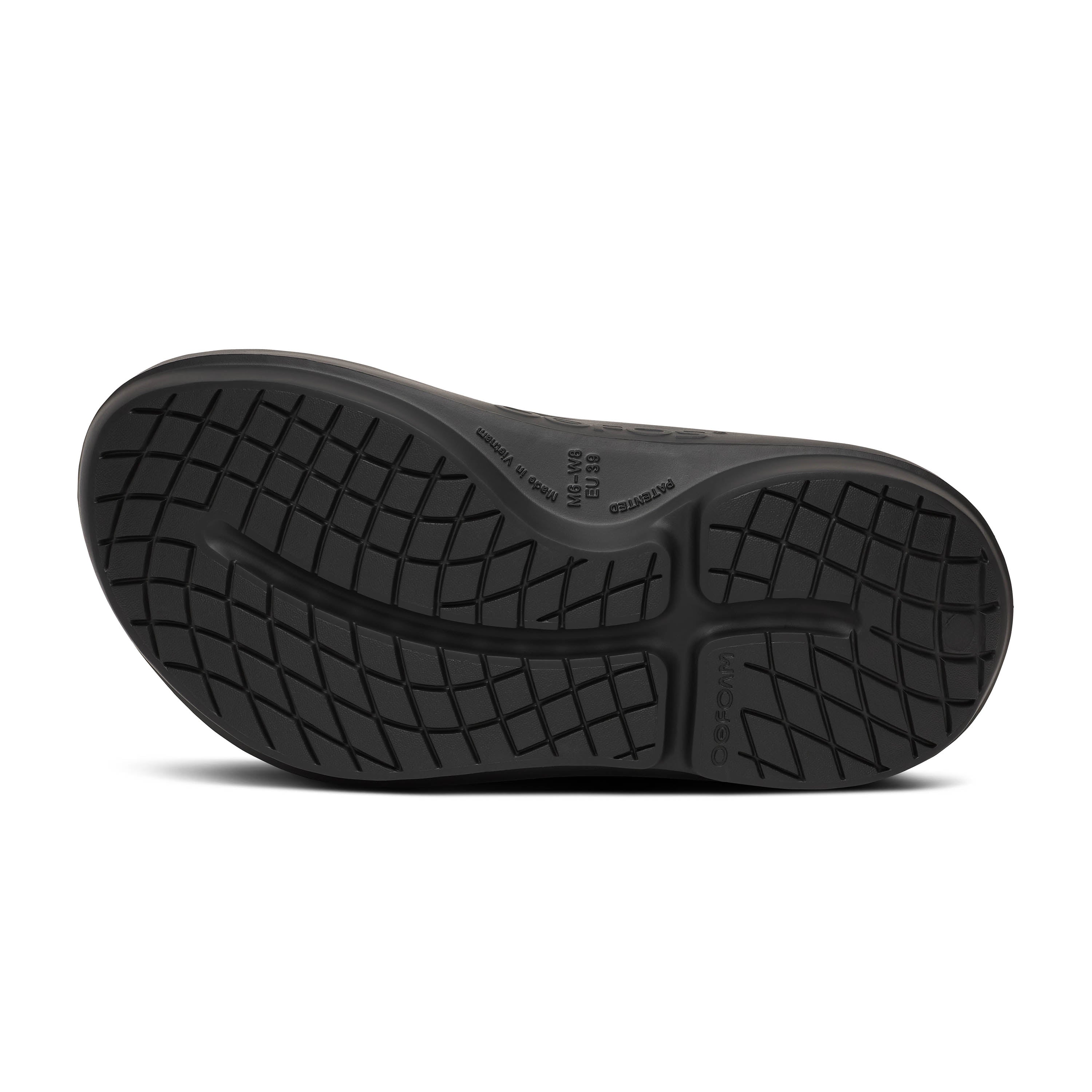 Black shoe sole with tread pattern on a white background