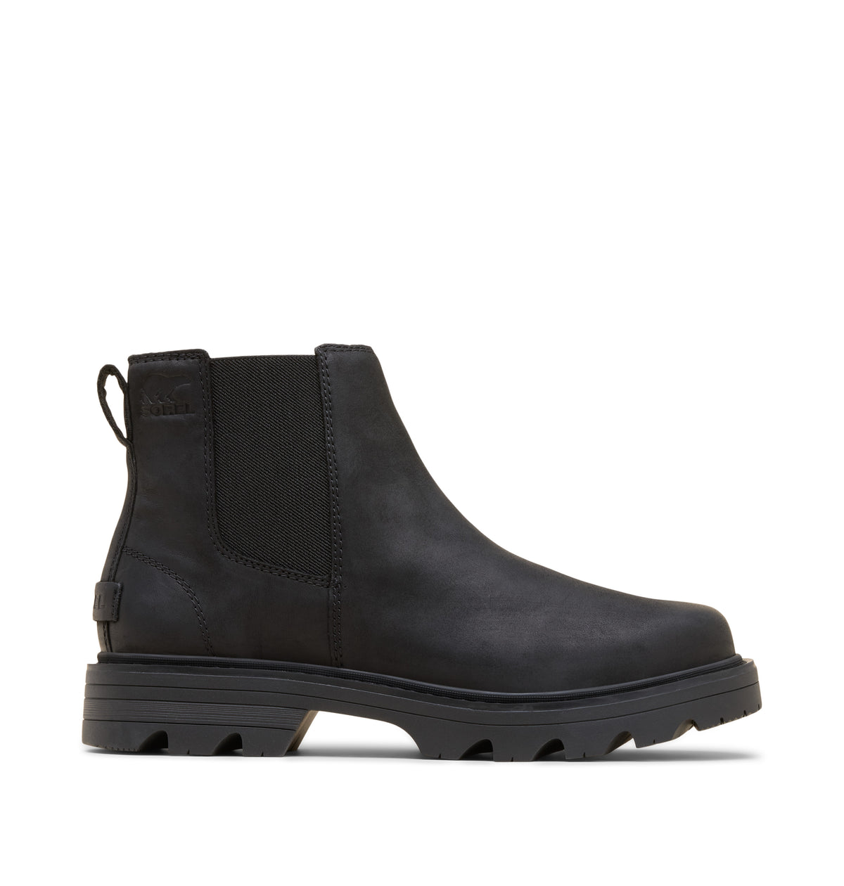 A black leather Chelsea-style ankle boot with elastic side gore panels and a chunky lug sole, shown in a side profile on a white background.