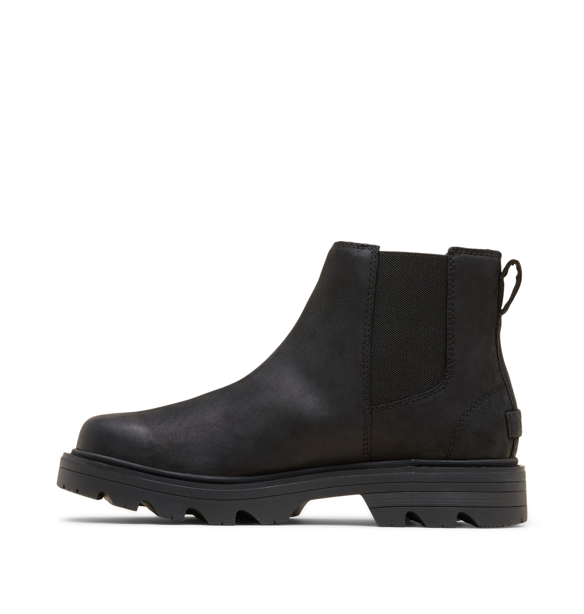 A black leather Chelsea-style ankle boot with a chunky lug sole, shown in a side profile view against a plain white background.