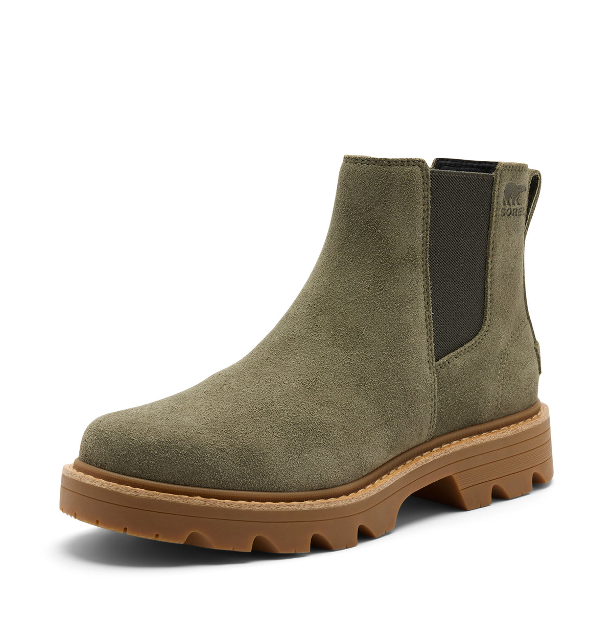 An olive green suede Chelsea boot with a brown lug sole and a black elastic side gore, shown from a three-quarters angle on a white background.