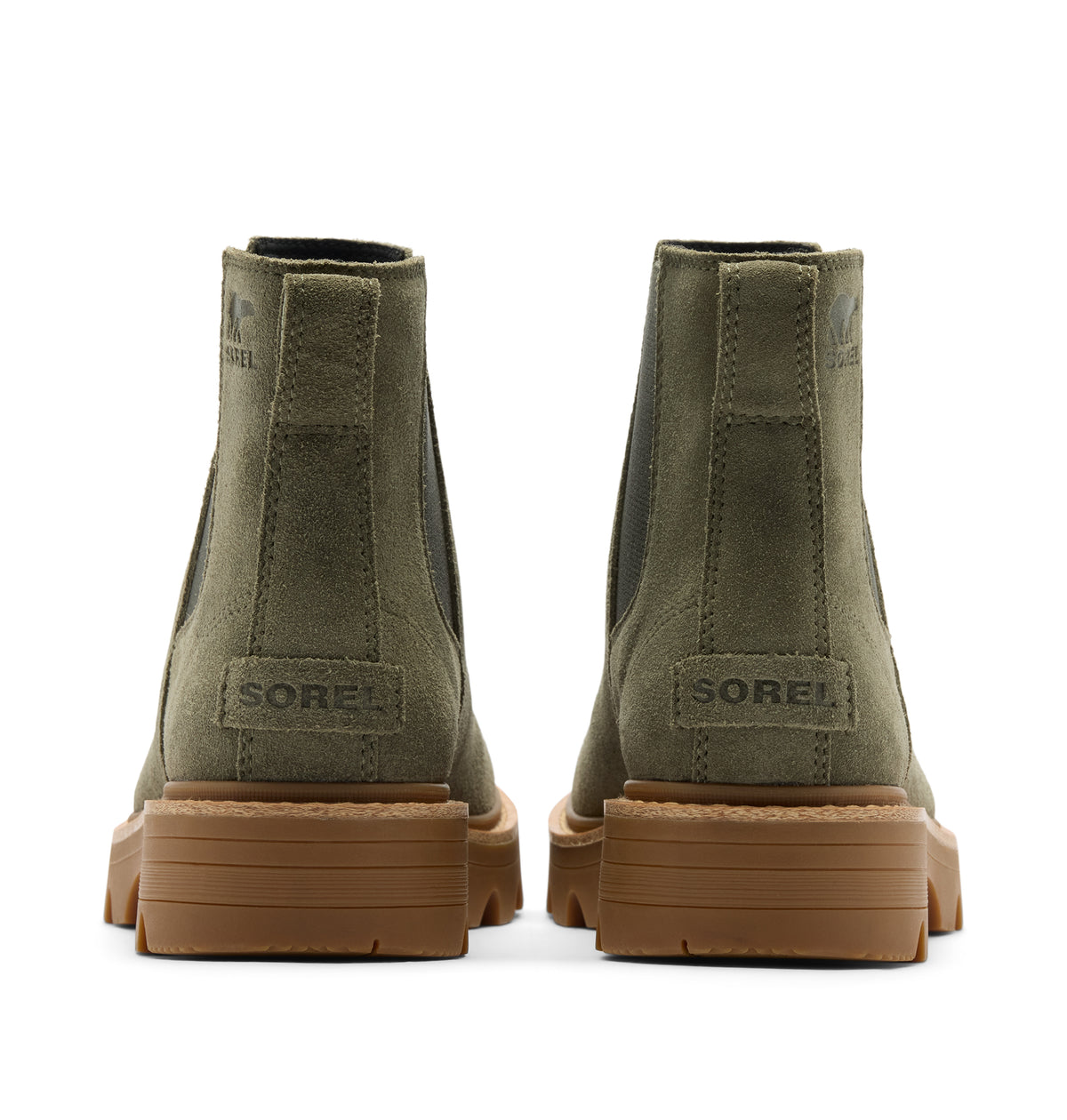 A pair of olive green suede Chelsea-style ankle boots with brown gum soles, shown from the back on a white background. The brand name 'SOREL' is embossed on the heel area.