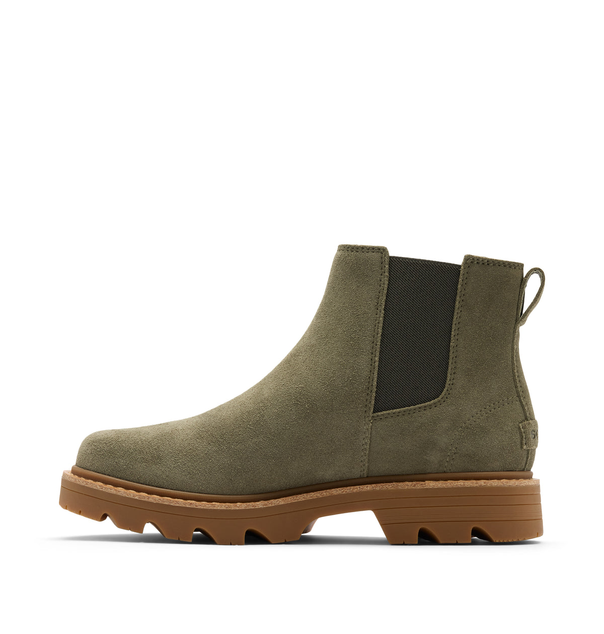An olive green suede Chelsea boot with a brown lug sole and a black elastic side panel, shown in a side profile on a white background.