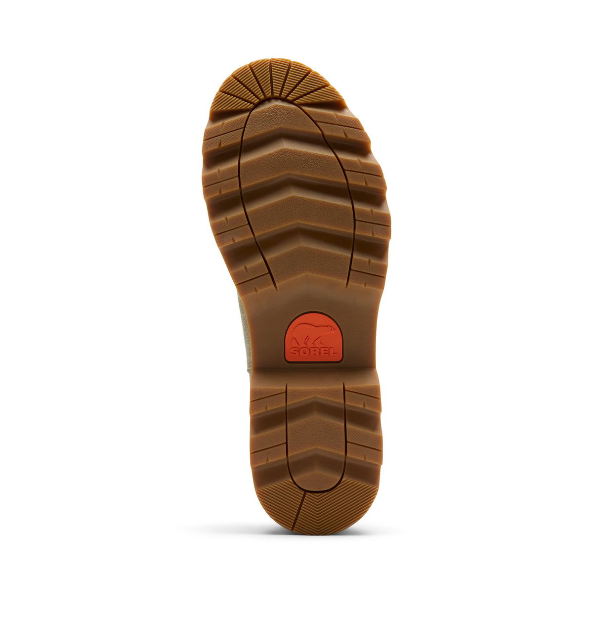 The outsole of a brown rubber boot or shoe, showing deep tread patterns and a small red circular logo with the brand name 'sore;' in the center, isolated on a white background.