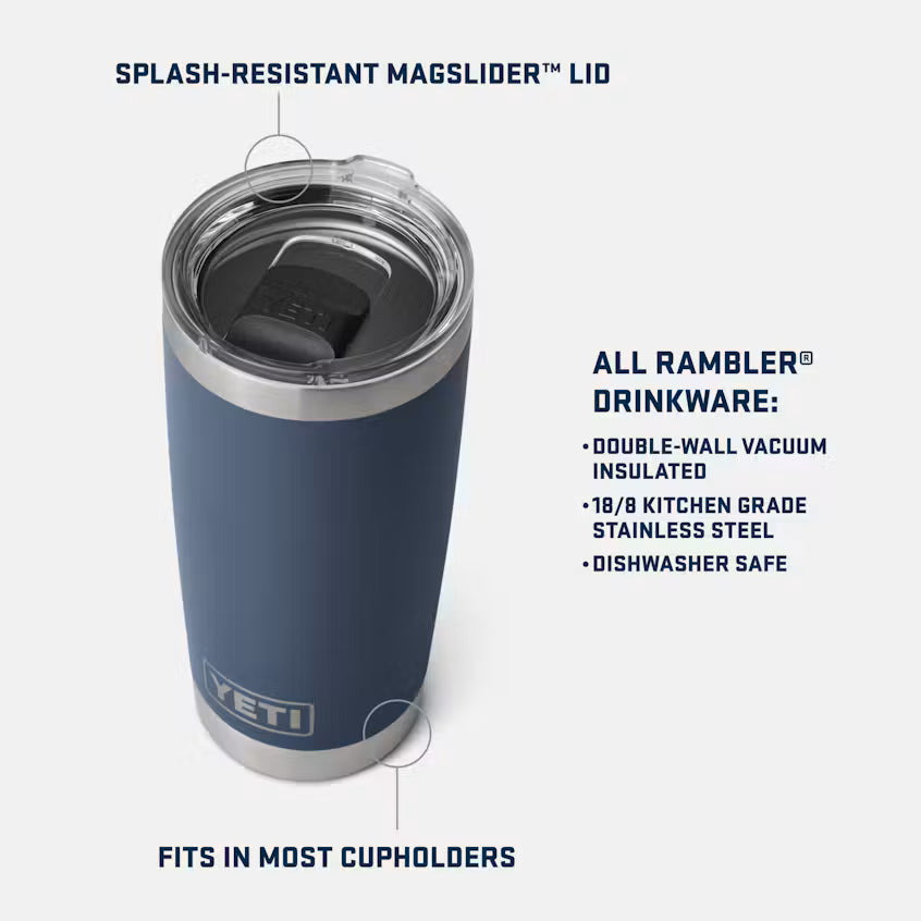 Blue YETI tumbler with splash-resistant mag slider lid on a white background