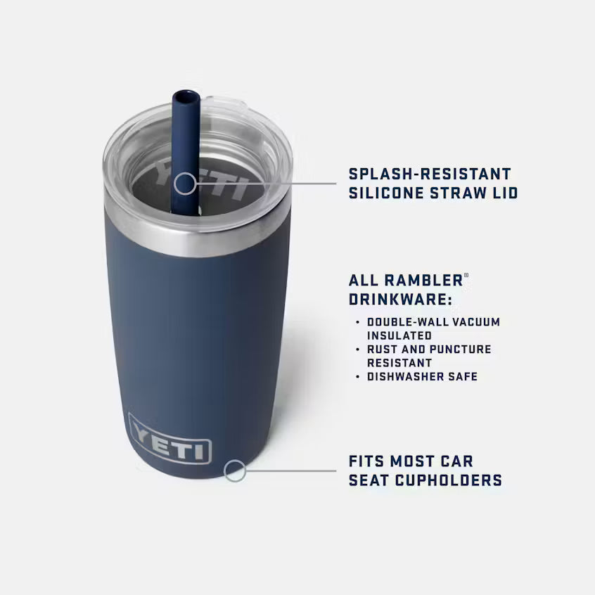 Blue YETI tumbler with a splash-resistant silicone straw lid on a white background