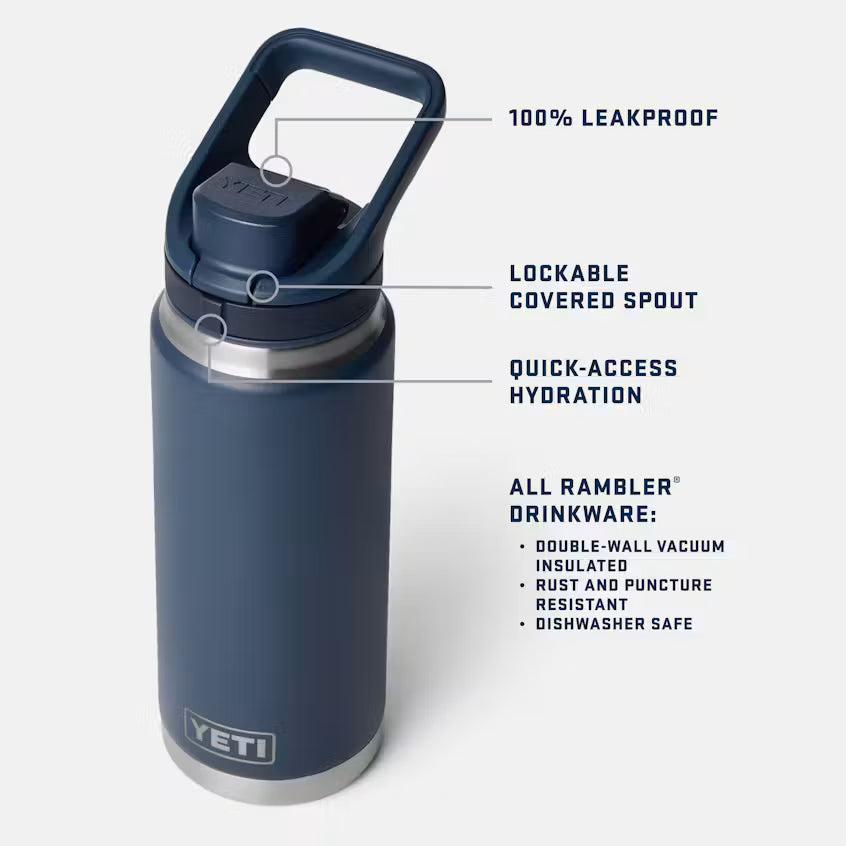 A navy blue YETI Rambler insulated water bottle with a dark blue lid and handle, shown on a light gray background with callout lines and text describing product features and materials.