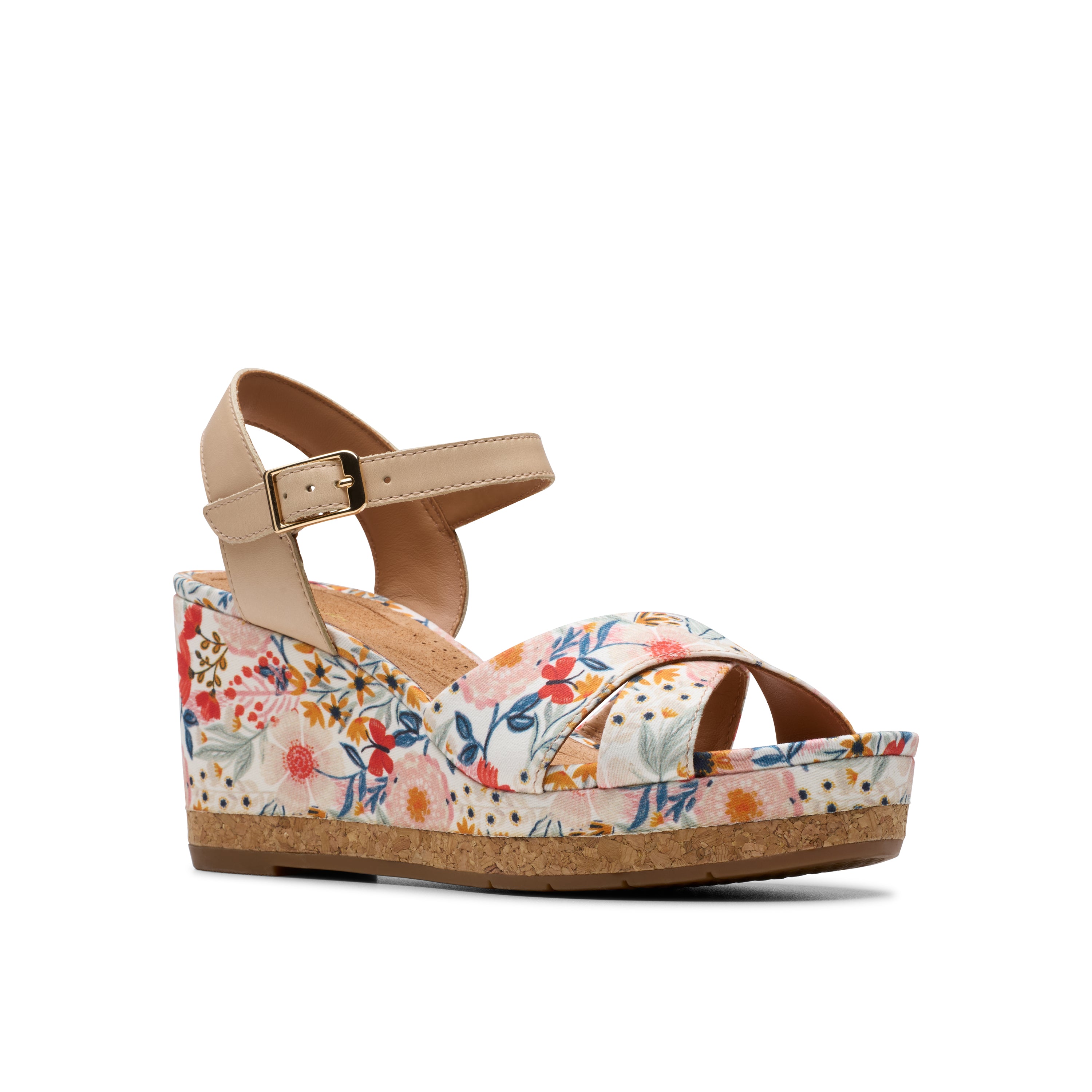 Floral wedge sandal with cork sole on a white background