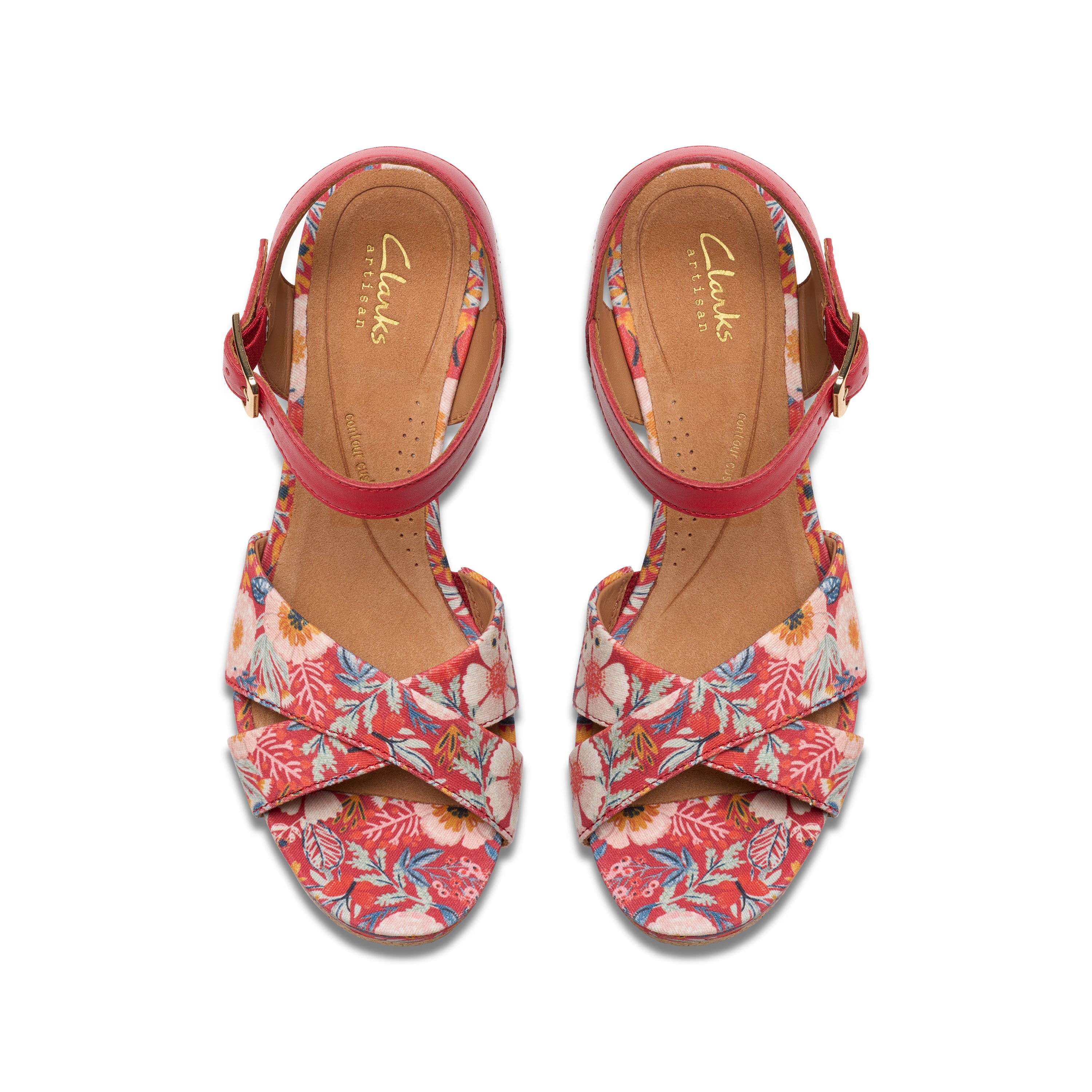 Pair of floral sandals with red straps on a white background