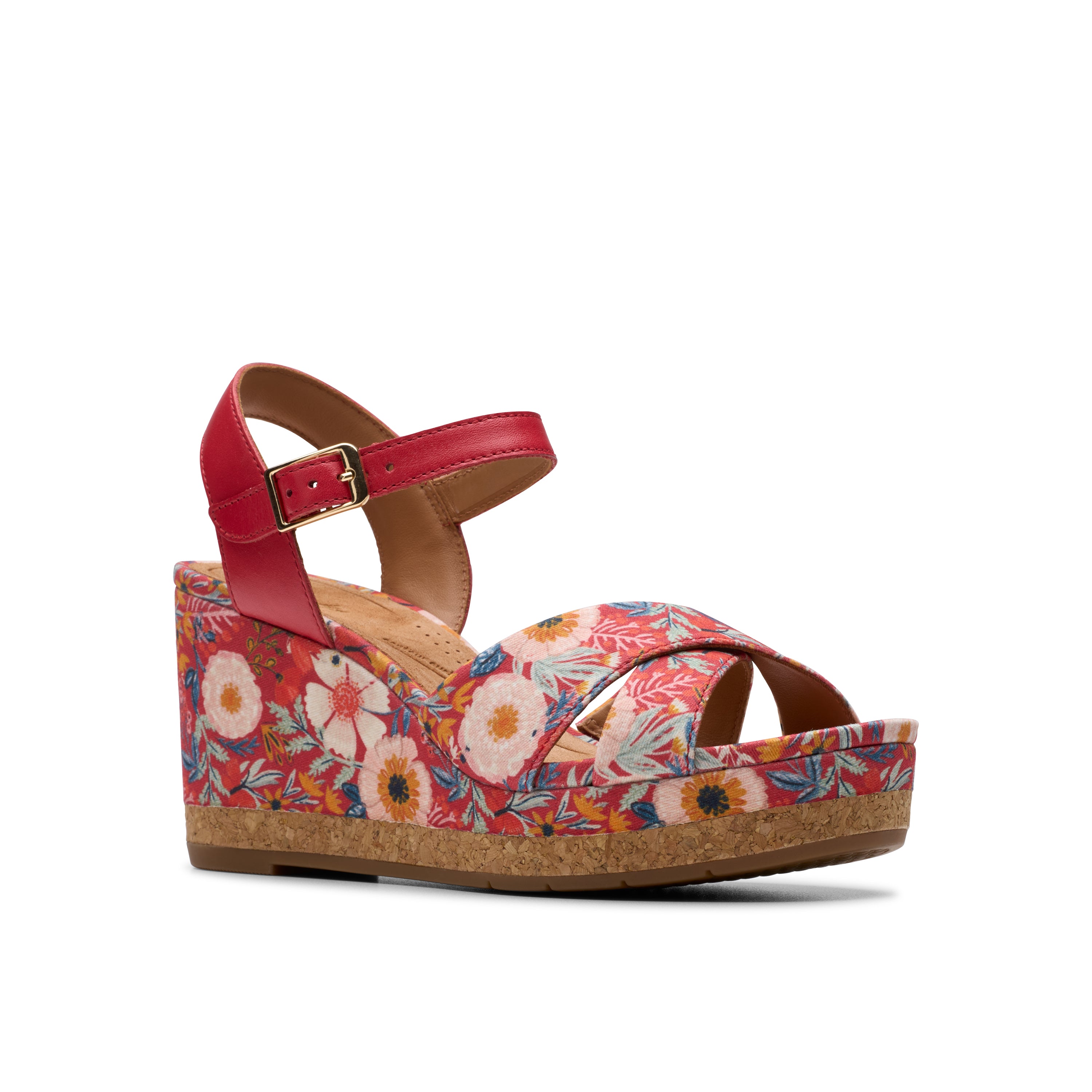 Wedge sandal with floral pattern and red strap on a white background