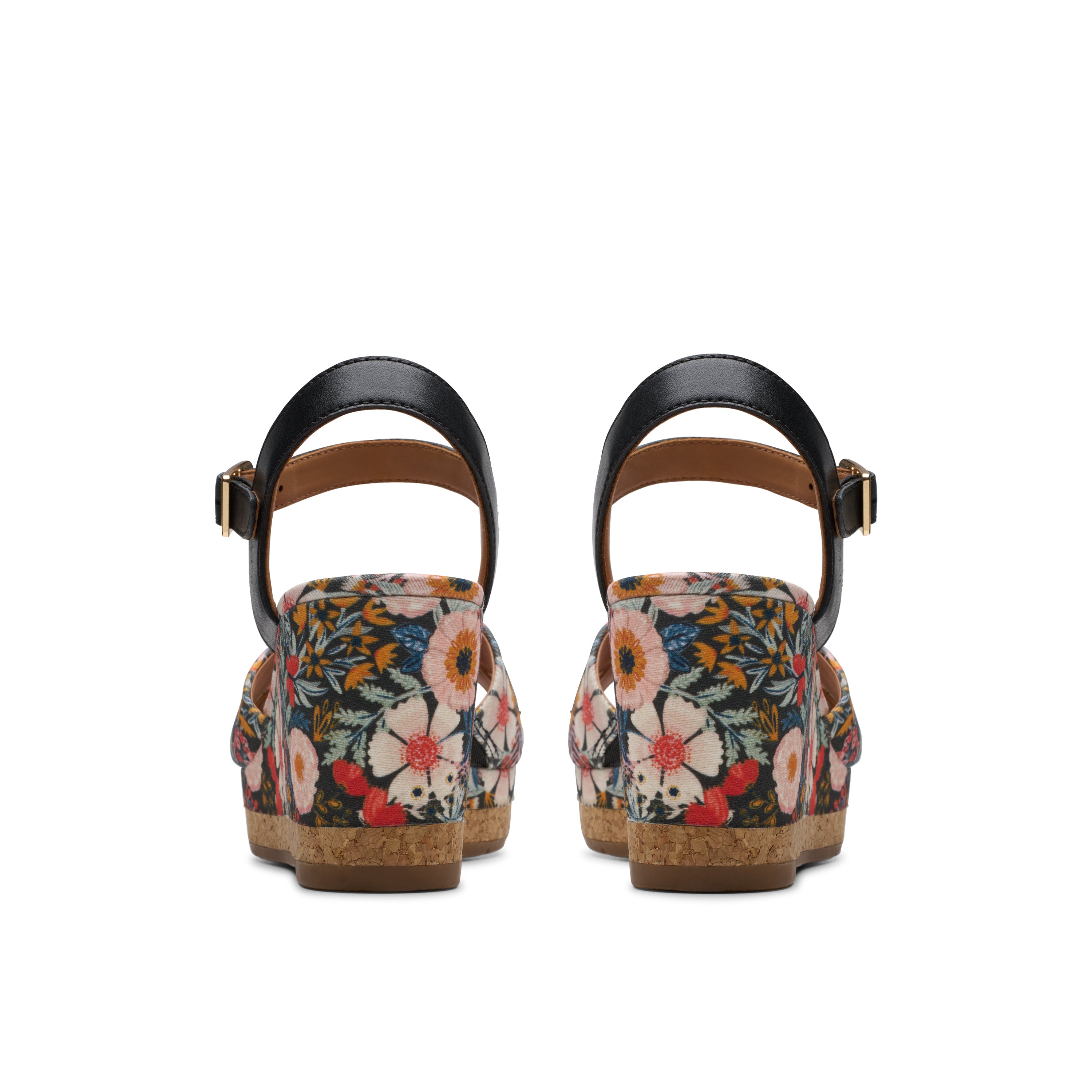 Floral wedge sandals with cork sole on a white background