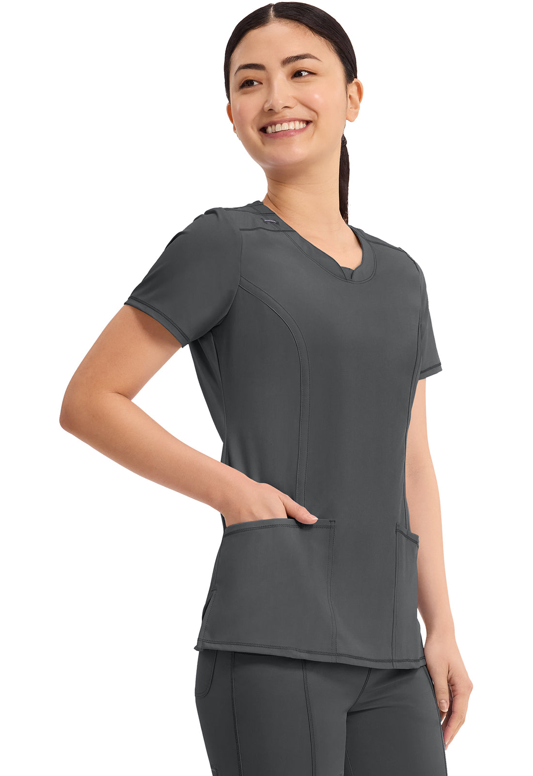 Cherokee Split Round Neck Solid Scrub Top Women's  1