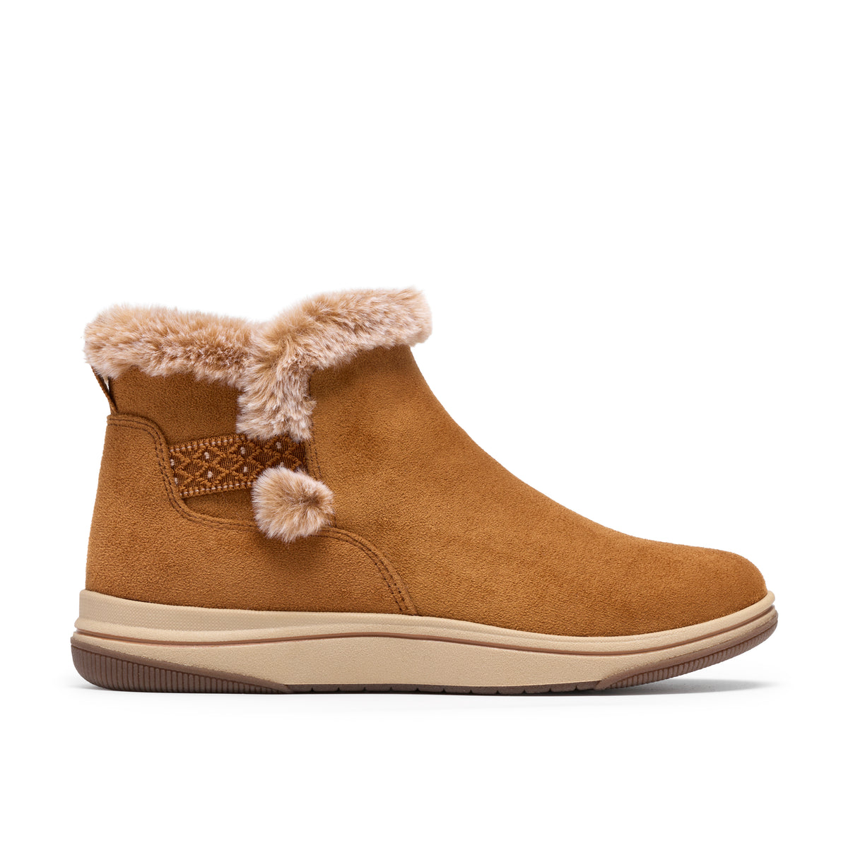 A single women's ankle boot in tan suede with a plush beige faux-fur trim and pom-pom detail, shown in a side profile on a white background.