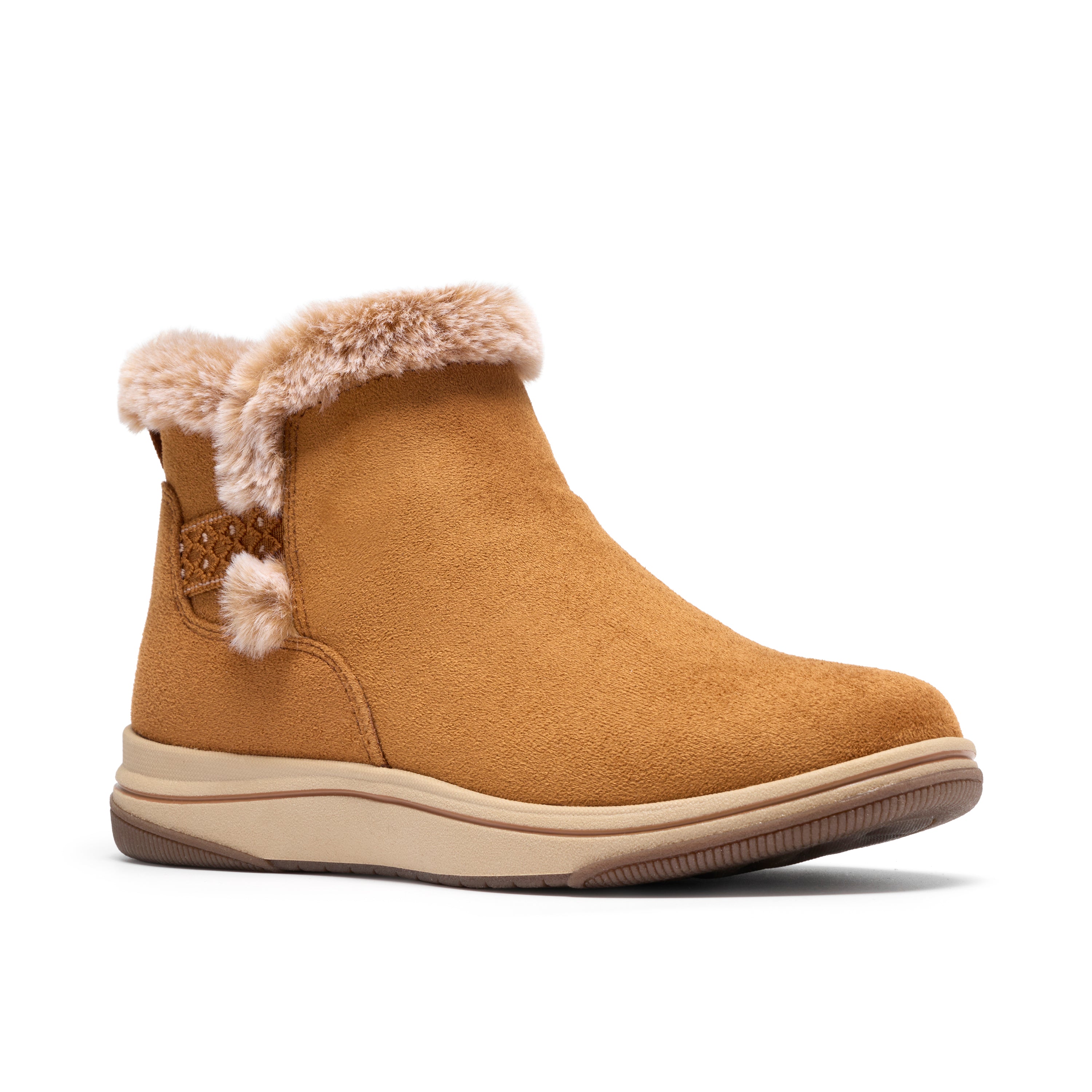 A tan suede ankle boot with a plush cream faux-fur trim at the top, a decorative woven side detail with a pom-pom, and a beige and brown platform sole, shown against a plain white background.