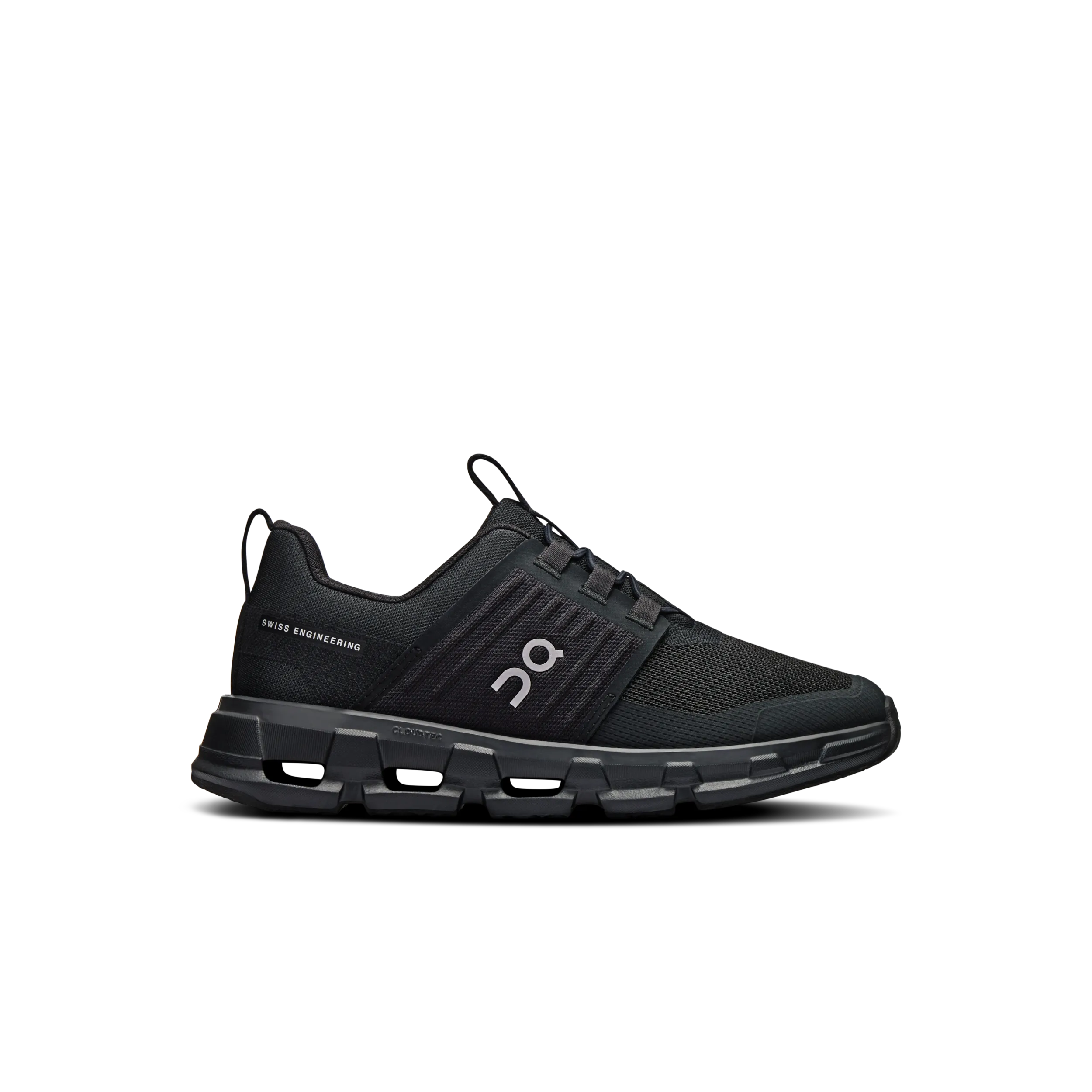 Black running shoe with brand logo on a white background