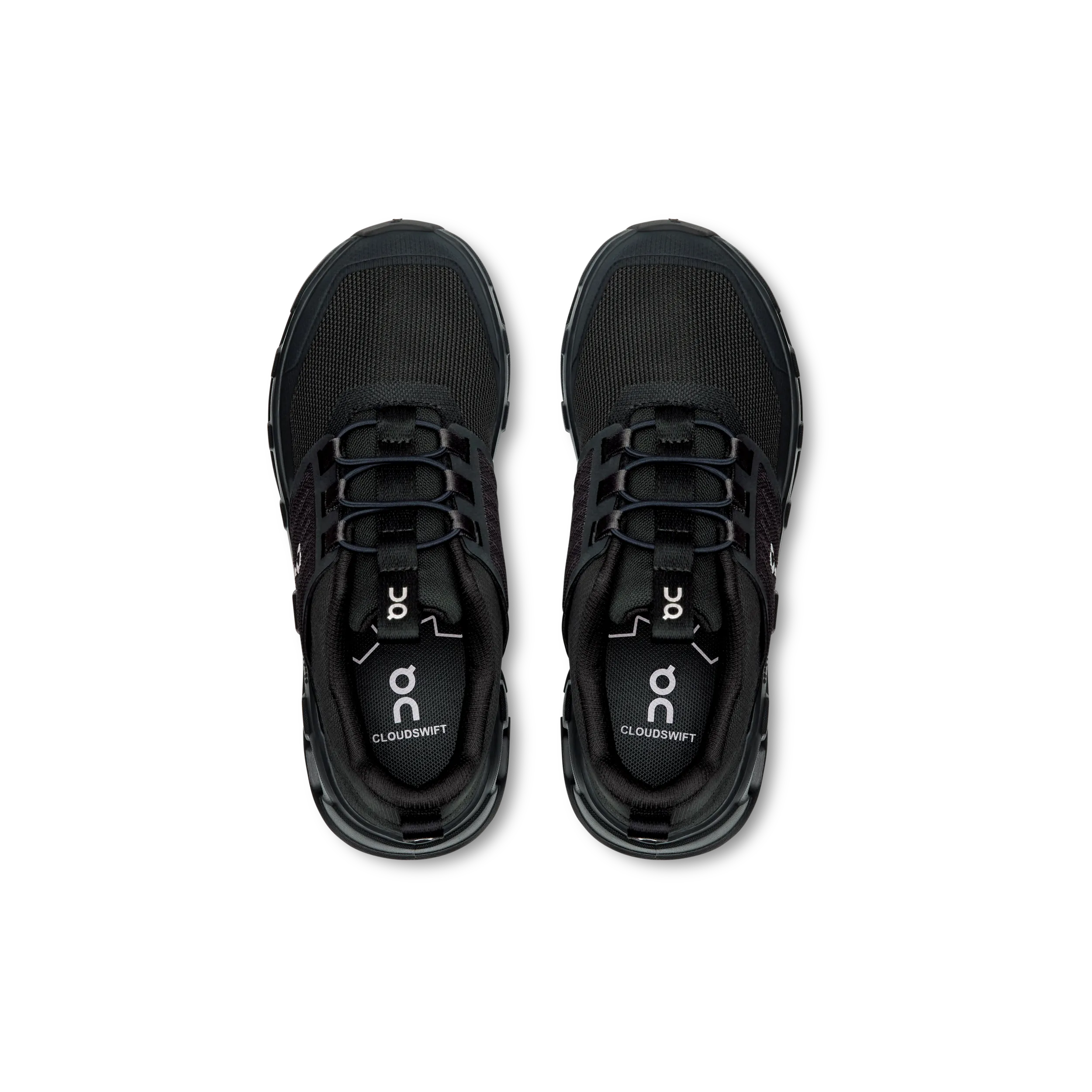 Black running shoes with 'on' branding on a white background