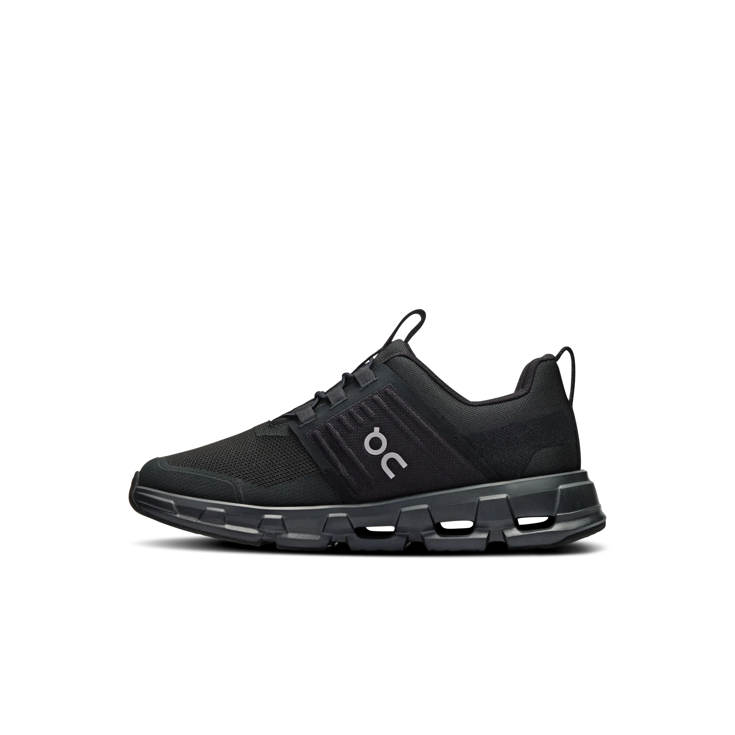 Black running shoe with 'on' branding on a white background