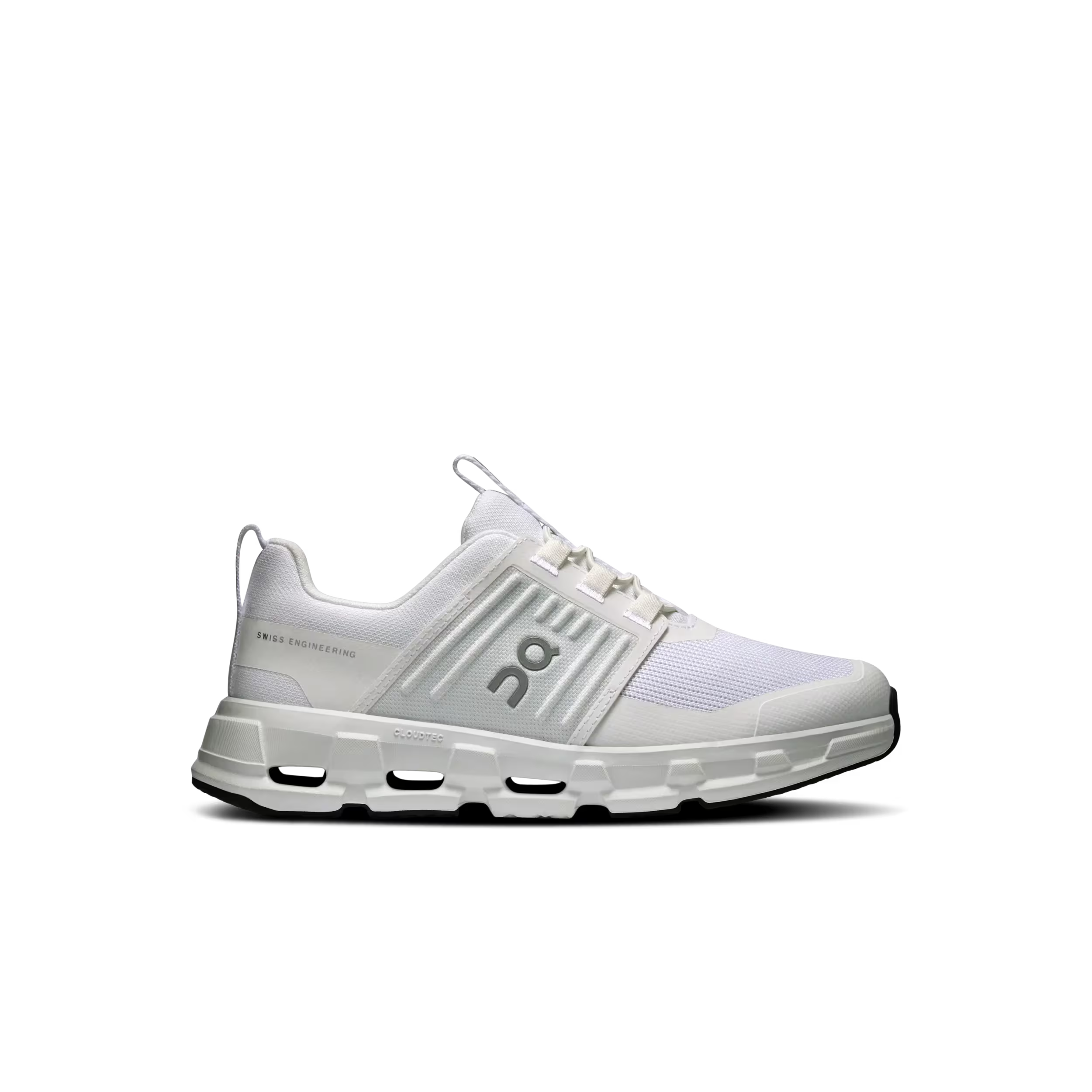 White athletic shoe with brand logo on a transparent background