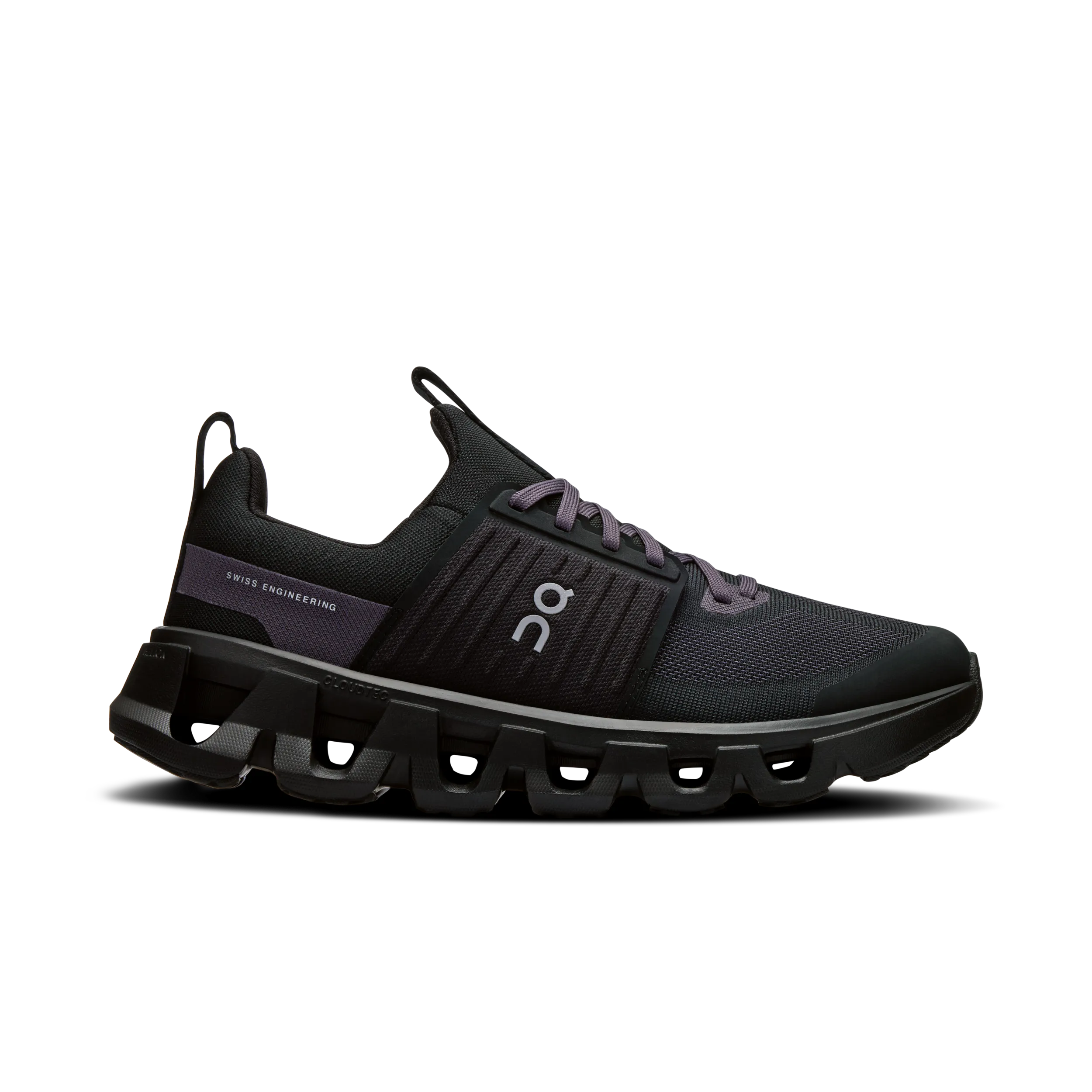 Black running shoe with unique sole design on a white background