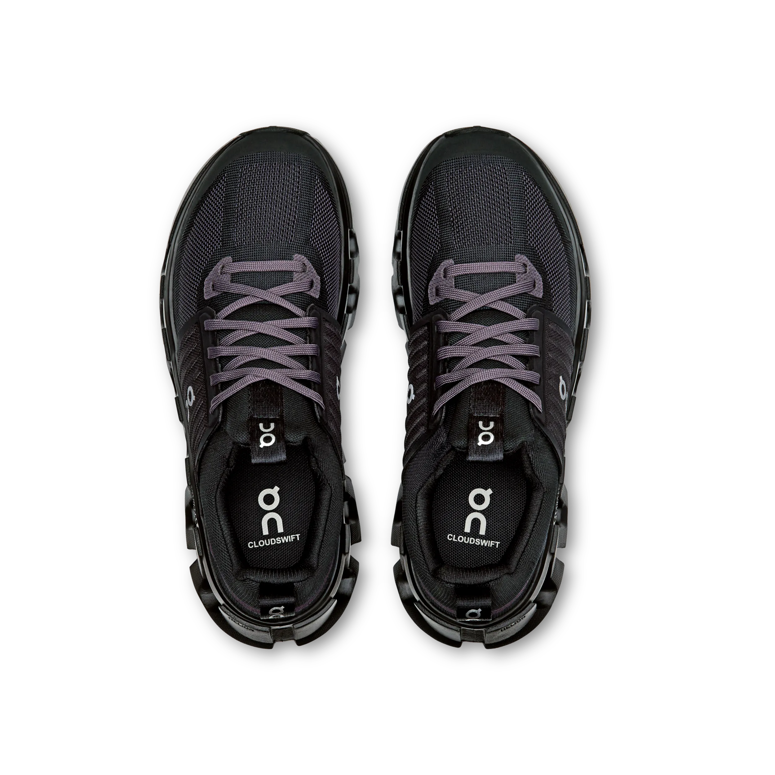 Black running shoes with laces on a white background