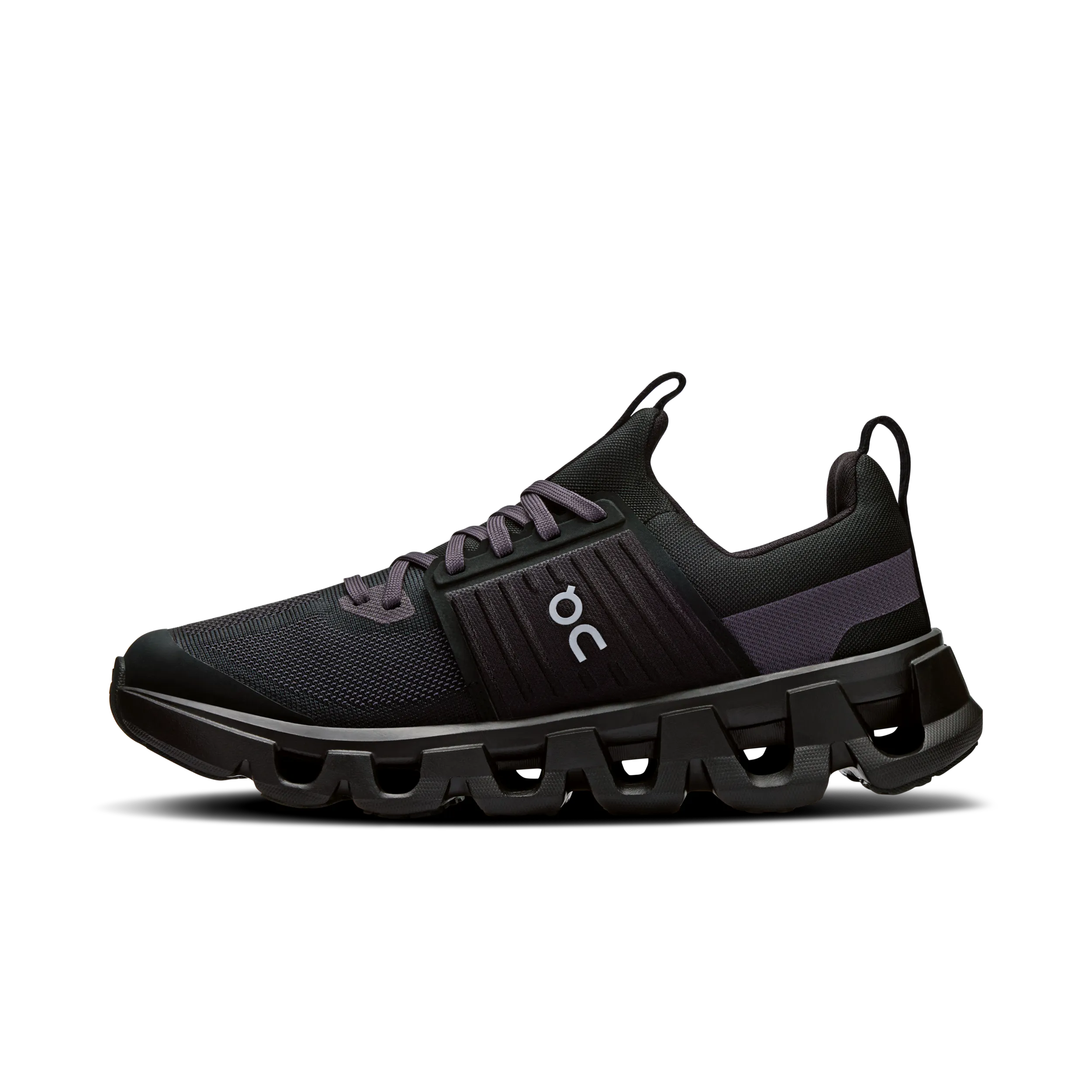 Black running shoe with a visible brand logo on a white background