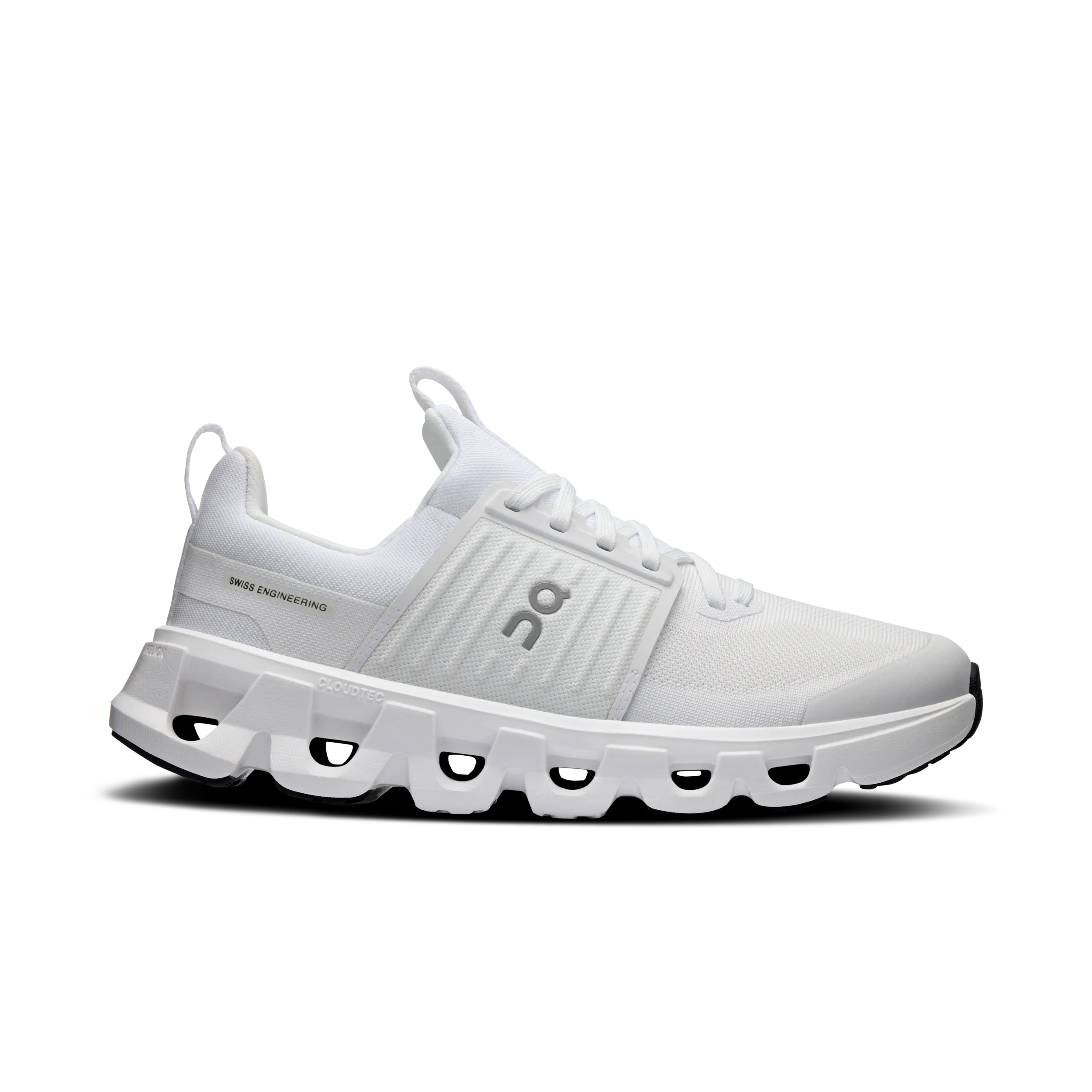 White athletic shoe with unique sole design on a white background