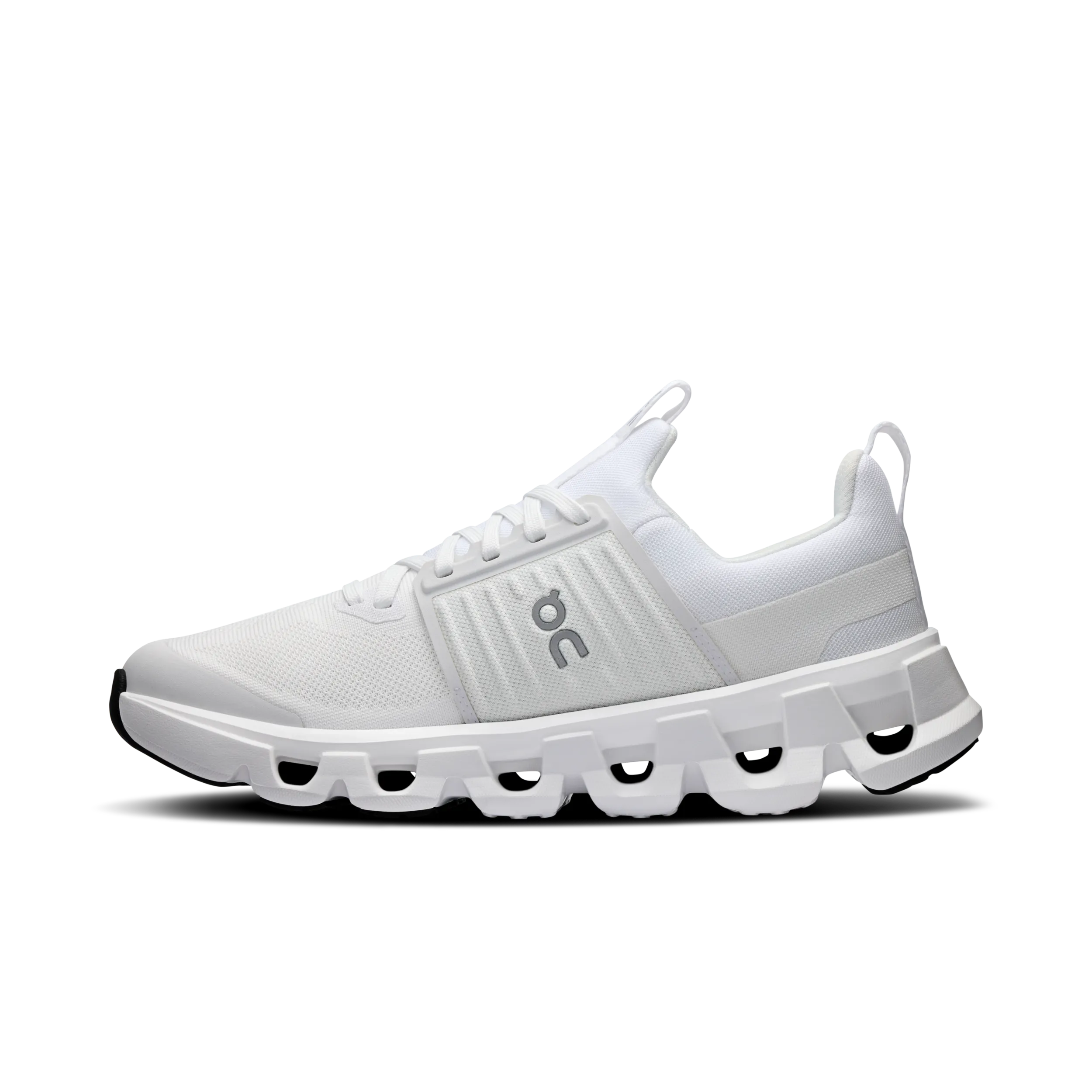 White running shoe with brand logo on a white background