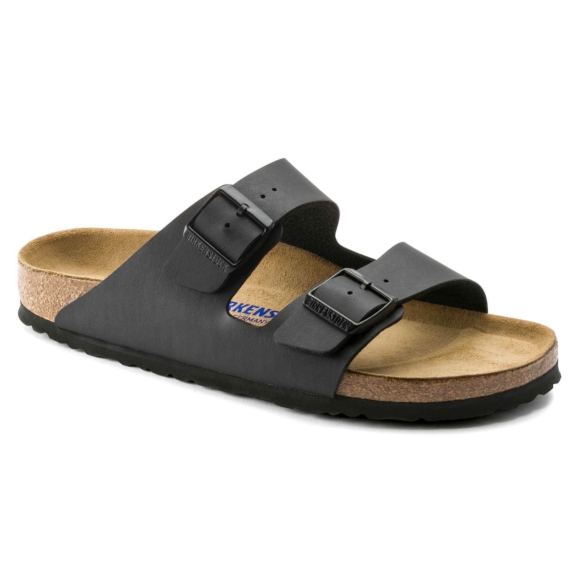 Black sandal with cork insole on a white background