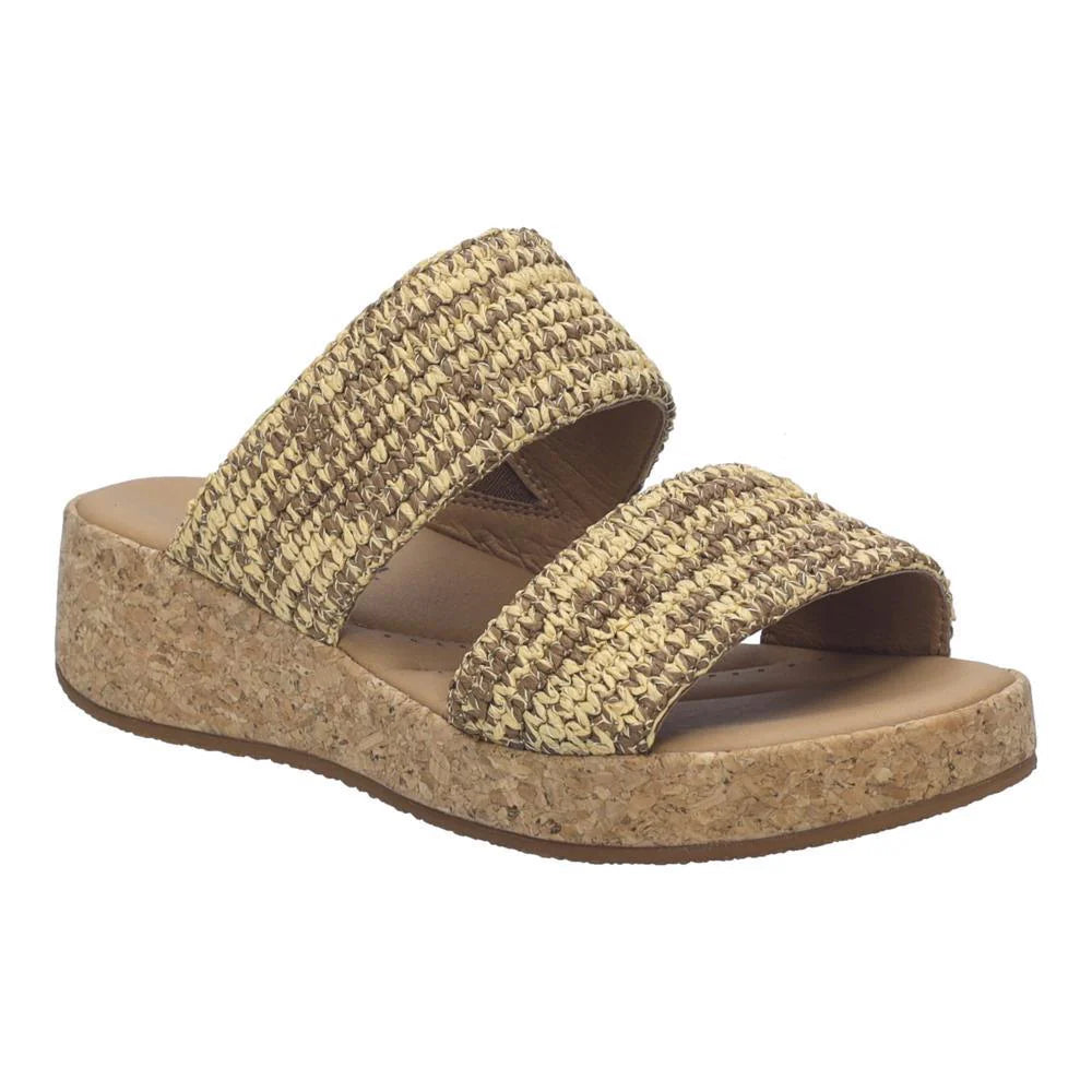 Beige woven sandal with cork platform on a white background