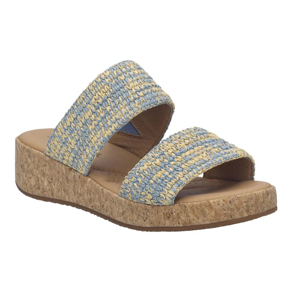 Blue and yellow woven sandal with cork sole on a white background