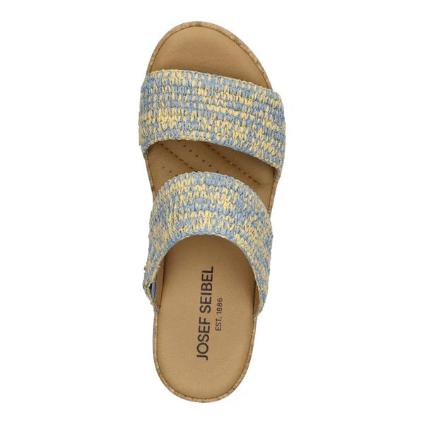 Blue and yellow woven sandal with tan insole on a white background