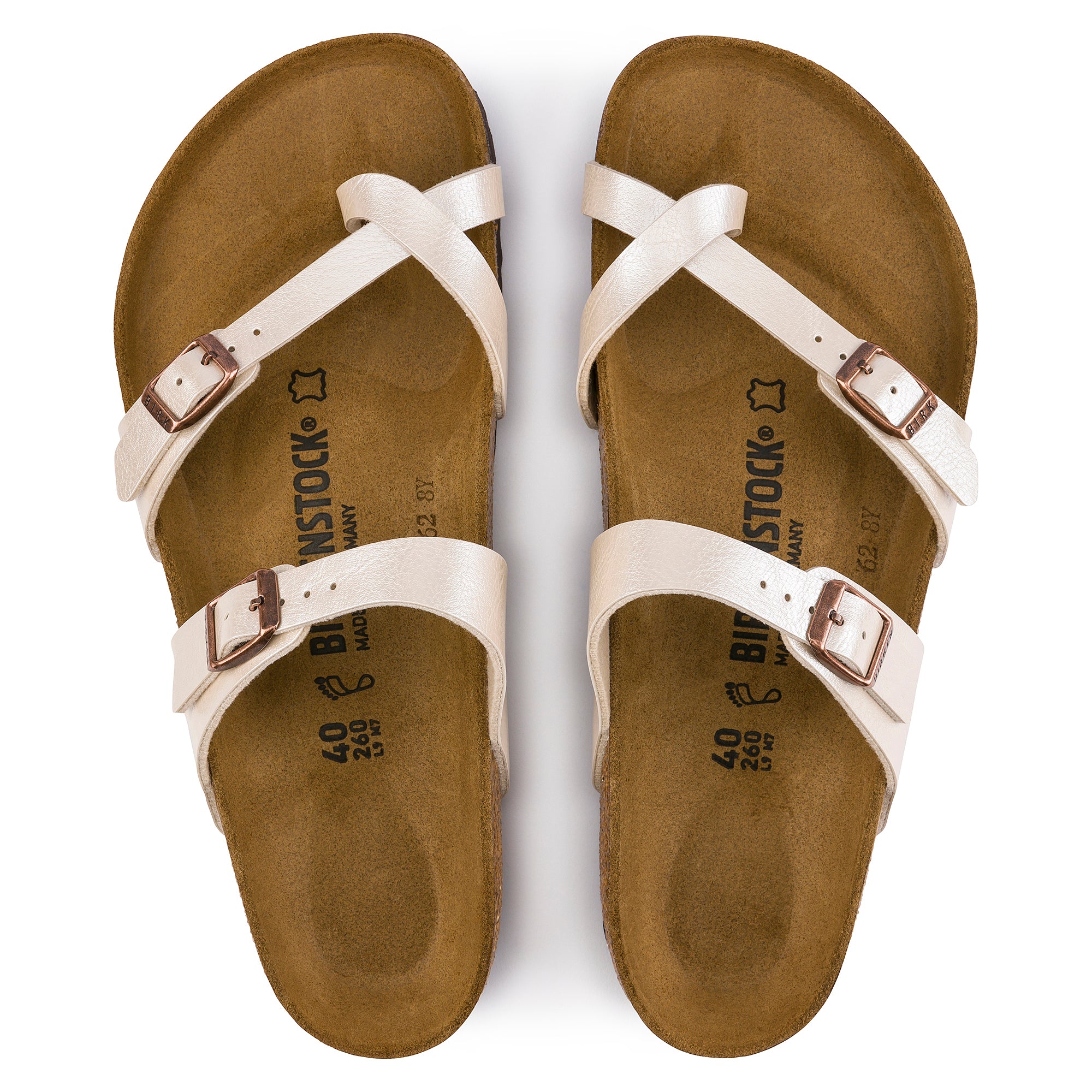 Pair of Birkenstock sandals with white straps on a white background