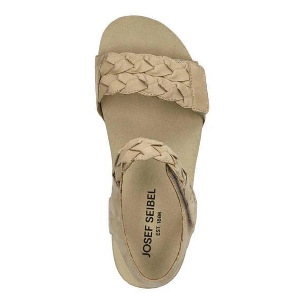 Beige sandal with braided design on a white background
