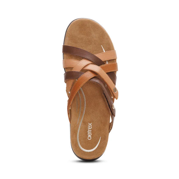 Brown sandal with multiple straps on a white background