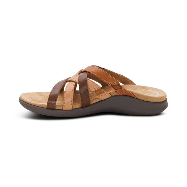 Brown sandal with multiple straps on a white background