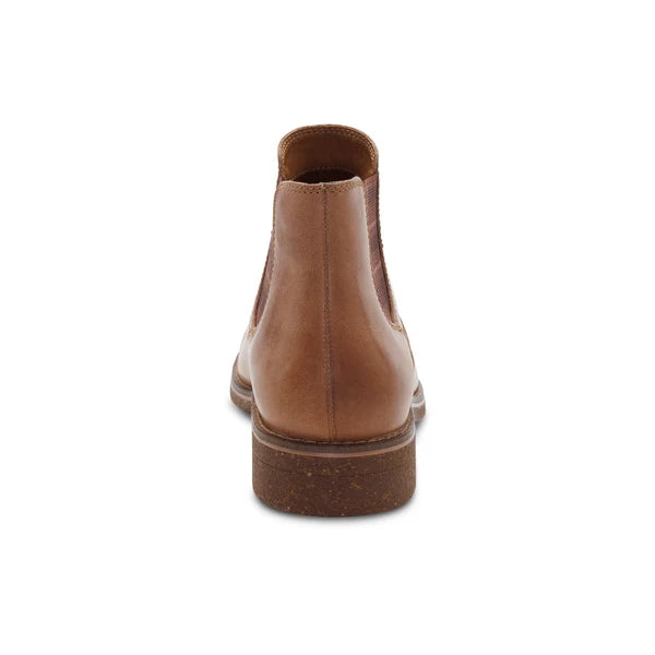A single brown leather ankle boot shown from the back on a clean white background.