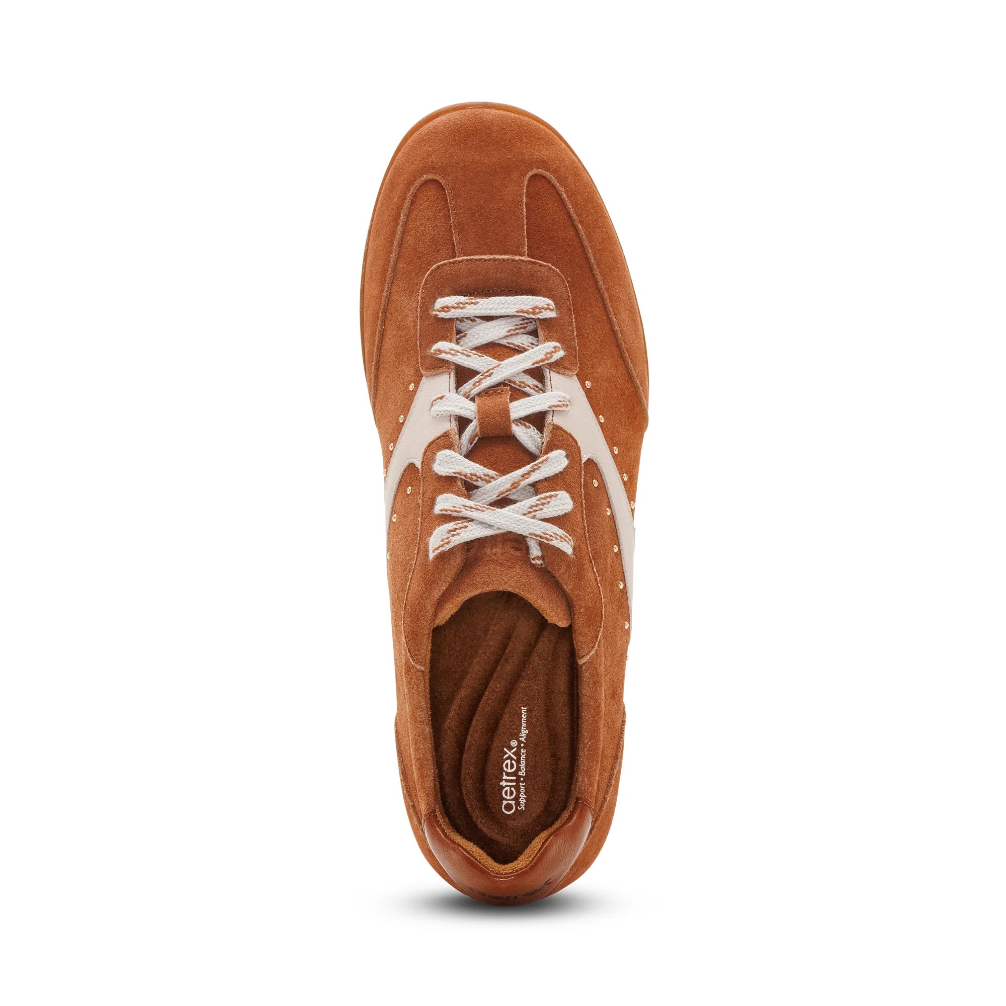 Brown sneaker with white laces on a white background