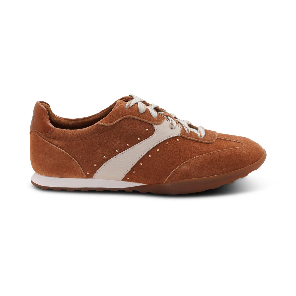 Brown sneaker with white accents on a white background
