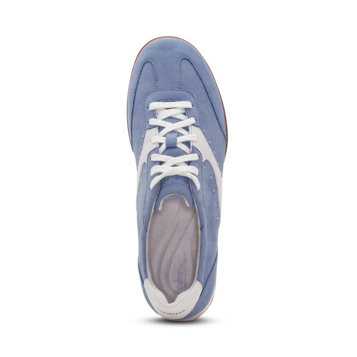 A light blue suede sneaker with white laces and white side stripes, shown from a top-down view on a white background.