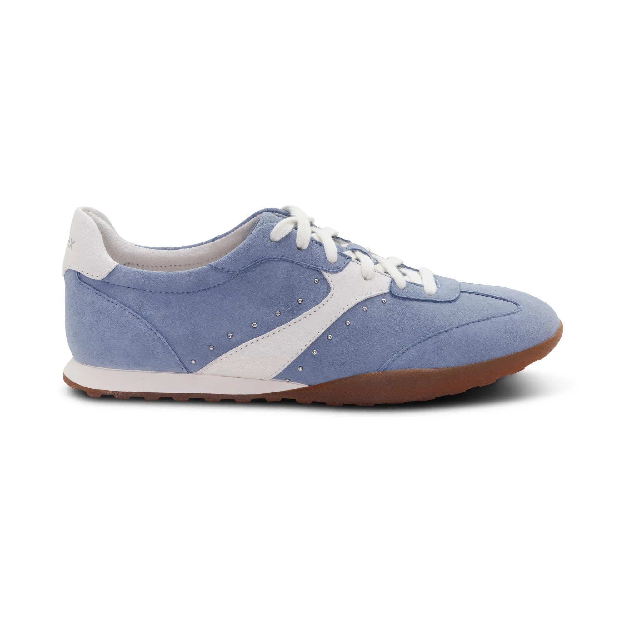 Blue and white sneaker with brown sole on a white background