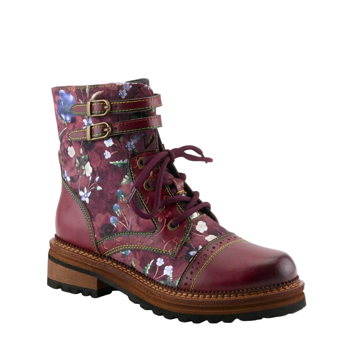 A lace-up ankle boot with a burgundy floral print upper, burgundy leather toe and heel, double buckle straps at the ankle, and a brown stacked sole, shown on a light gray background.