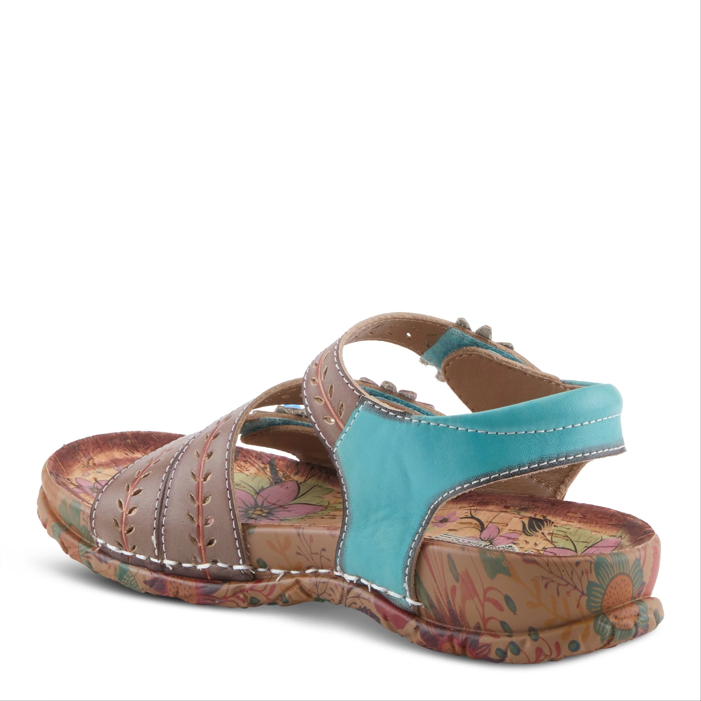 Multicolored sandal with a turquoise insole on a white background