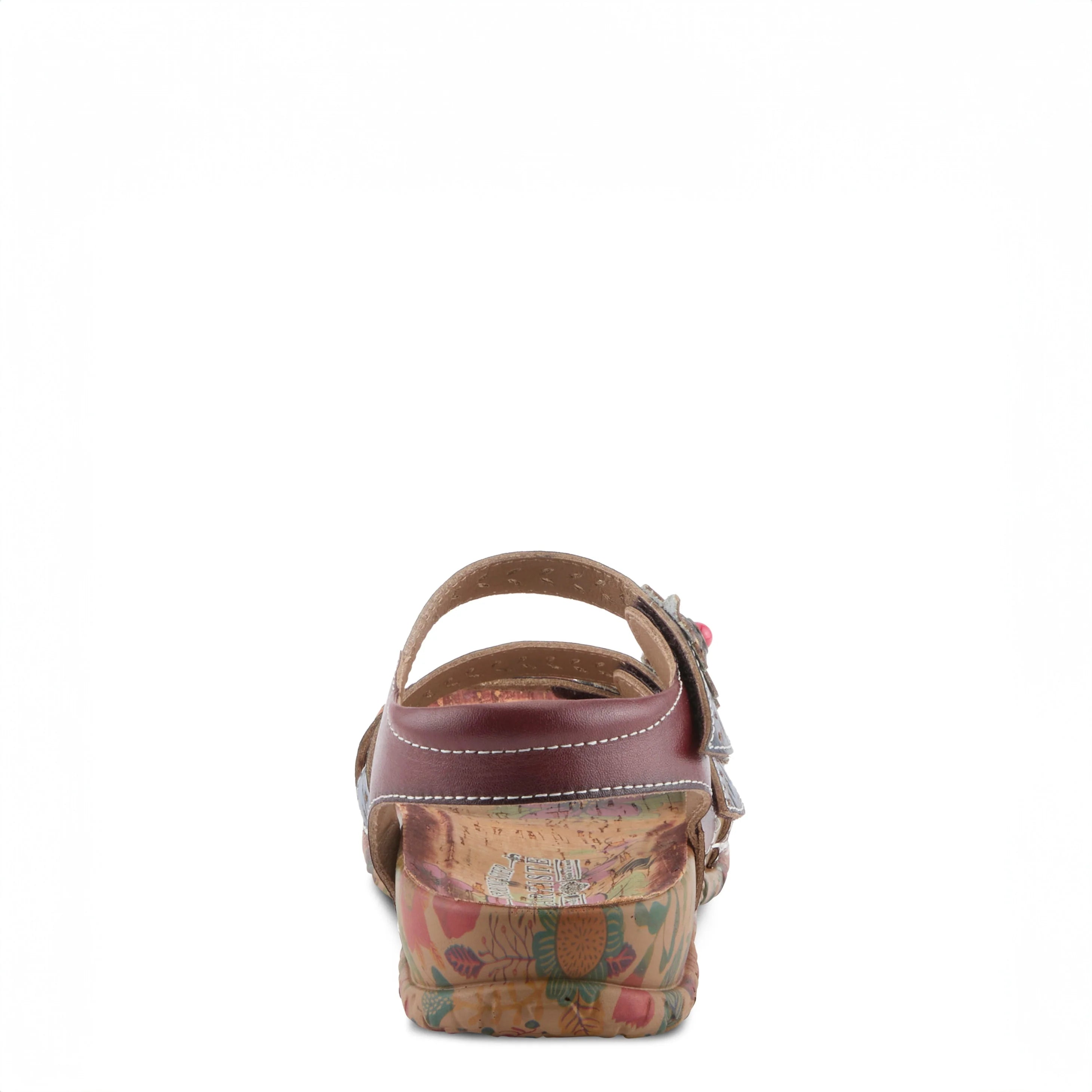 Cork sandal with a colorful pattern on a white background