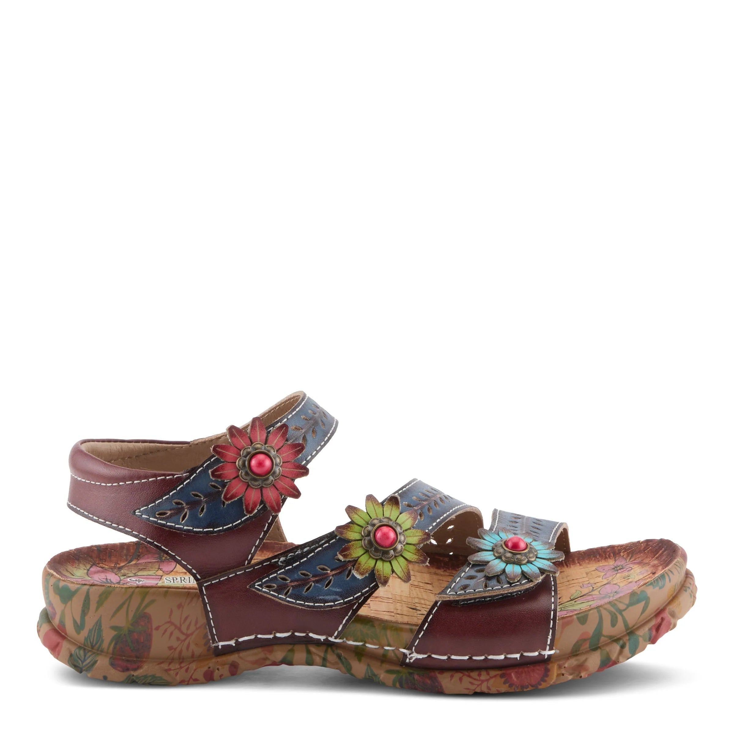 Colorful sandal with floral designs on a white background