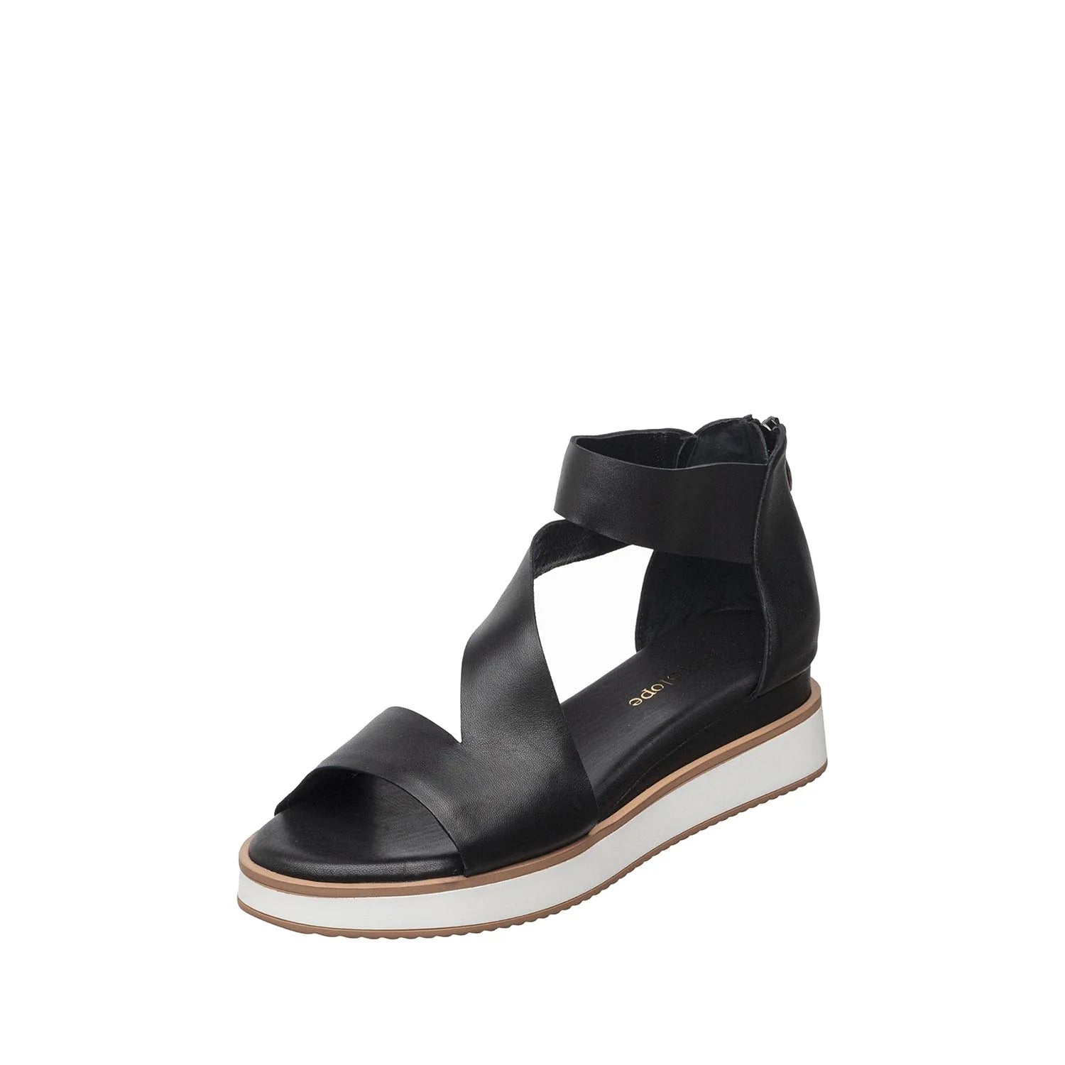 Black sandal with a white sole on a white background