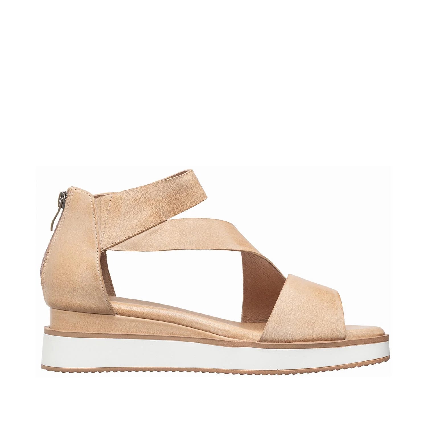 Beige sandal with criss-cross straps on a white background