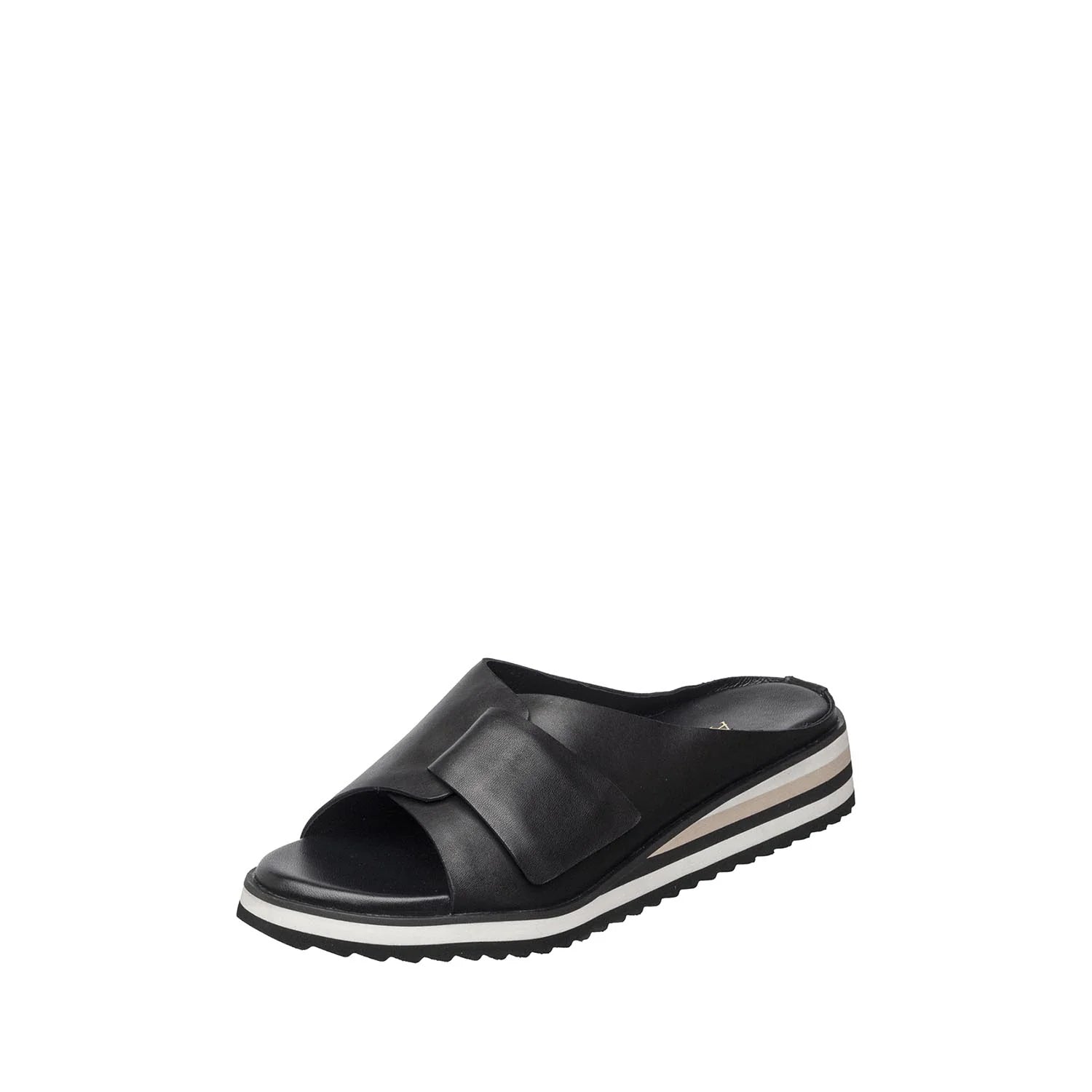 Black sandal with a strap on a white background