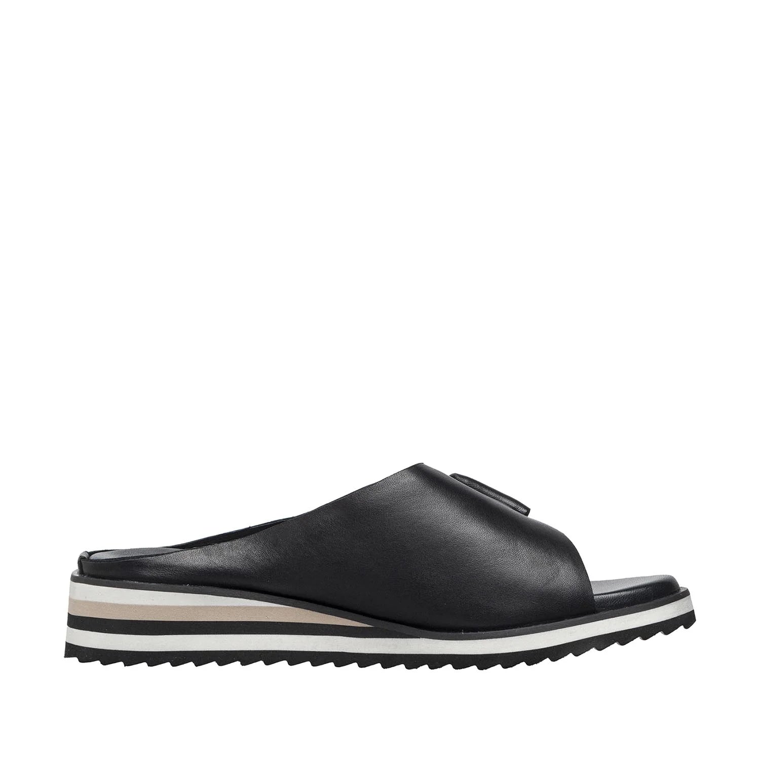 Black sandal with a white sole on a white background